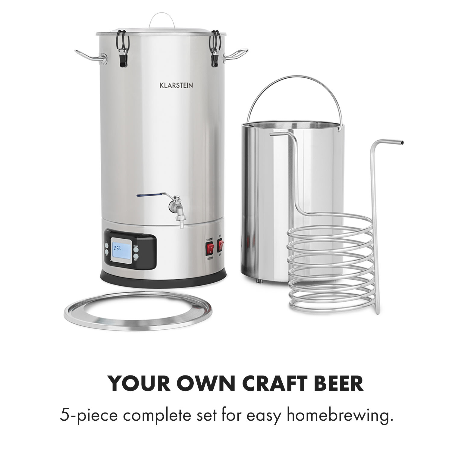Klarstein Maischfest 35, sladový kotol, 5 dielov, 35 l, 1500/3000 W, dotykový LCD, nehrdzavejúca oceľ – Obrázok 3