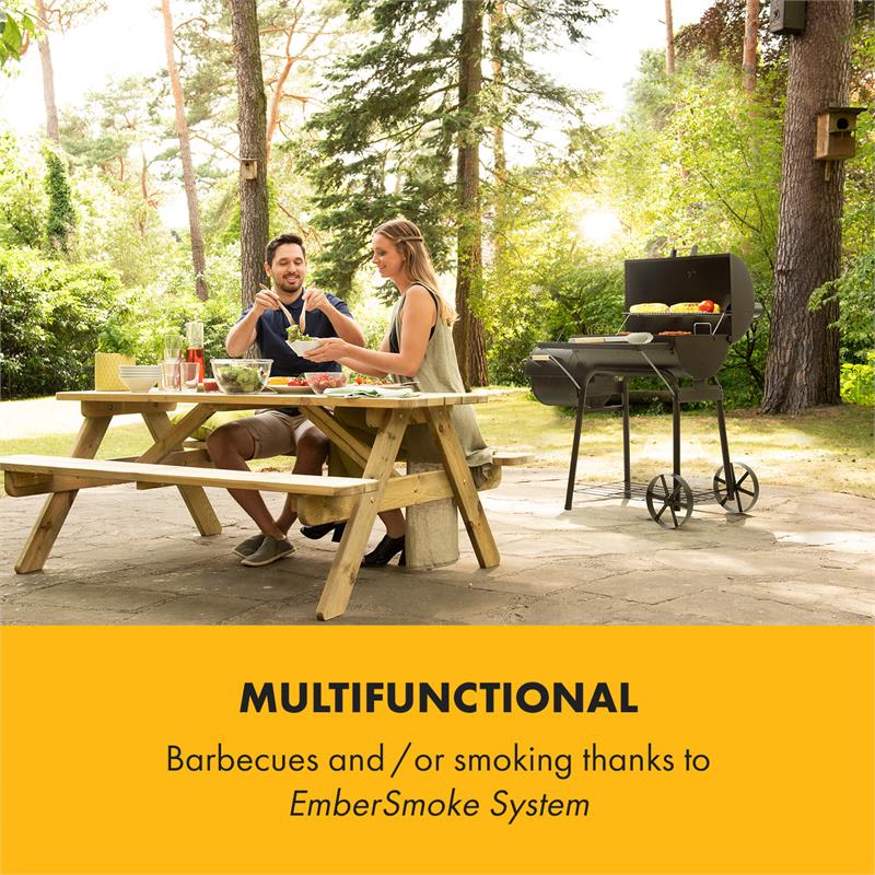 Klarstein Beef Brisket, gril s udiarňou, teplomer, kolesá, čierny