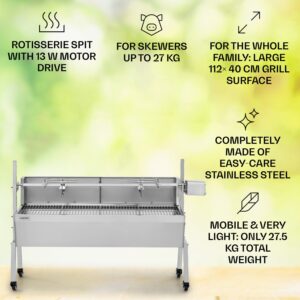 Klarstein Sauenland Pro, gril na prasiatko, otočný špíz, 13 W, 4 kolesá, ušľachtilá oceľ
