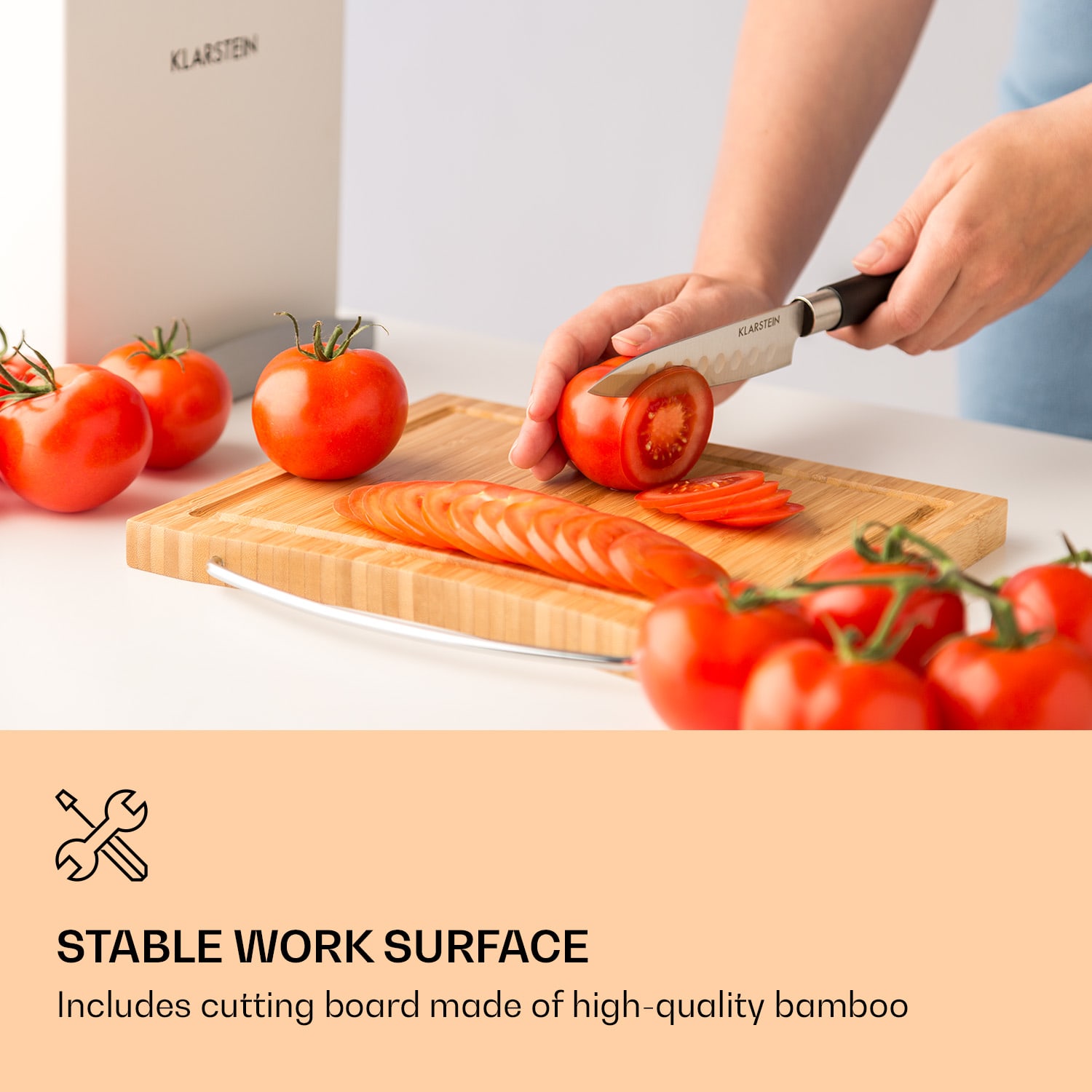 Klarstein Kitano Plus, sada nožov, 9-dielna, drevený stojan, bambusová krájacia doska, biela