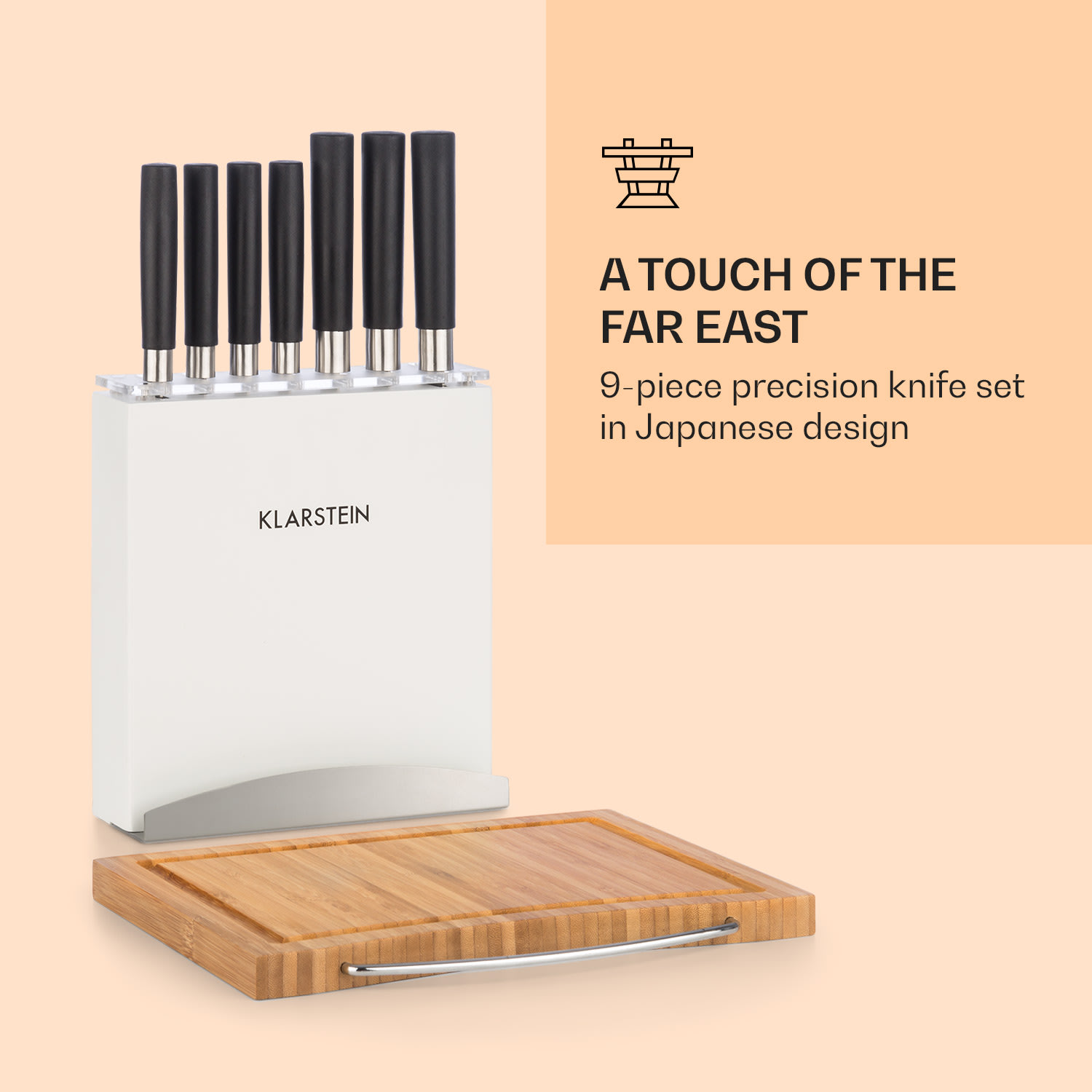 Klarstein Kitano Plus, sada nožov, 9-dielna, drevený stojan, bambusová krájacia doska, biela – Obrázok 2