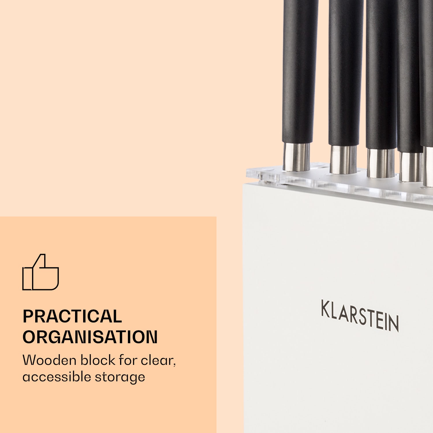 Klarstein Kitano Plus, sada nožov, 9-dielna, drevený stojan, bambusová krájacia doska, biela – Obrázok 4