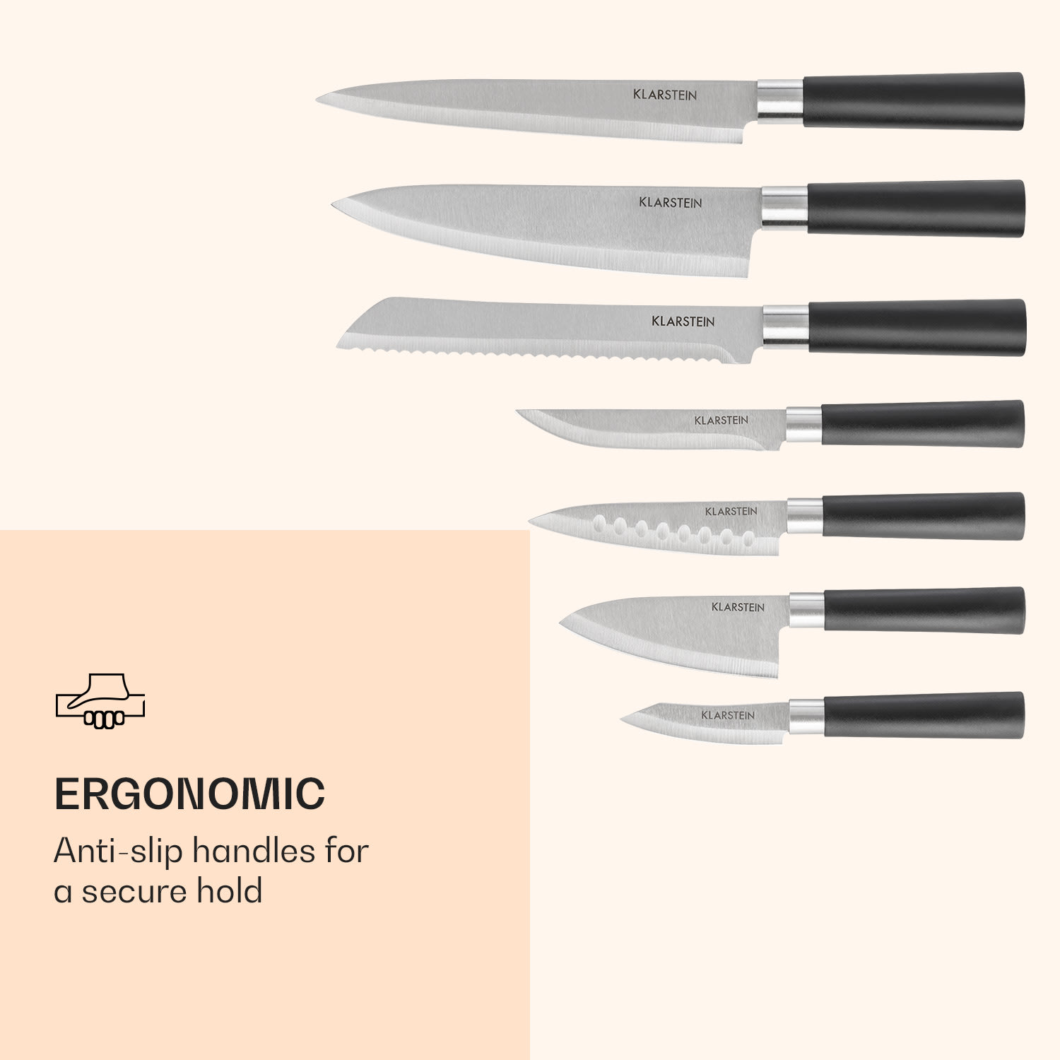 Klarstein Kitano Plus, sada nožov, 9-dielna, drevený stojan, bambusová krájacia doska, biela – Obrázok 5