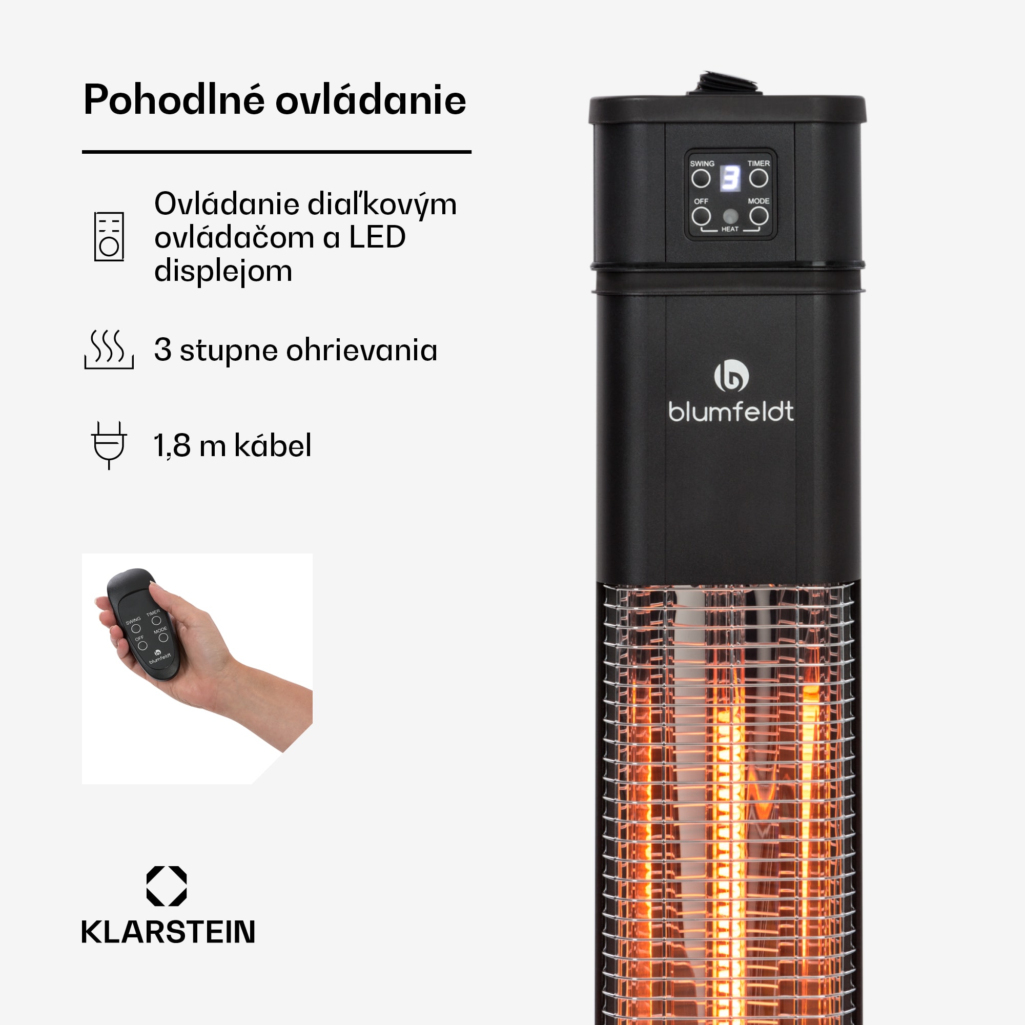 Blumfeldt Heat Guru Plus, infračervený ohrievač, 2000 W, 3 stupne ohrevu, diaľkový ovládač, čierny – Obrázok 3