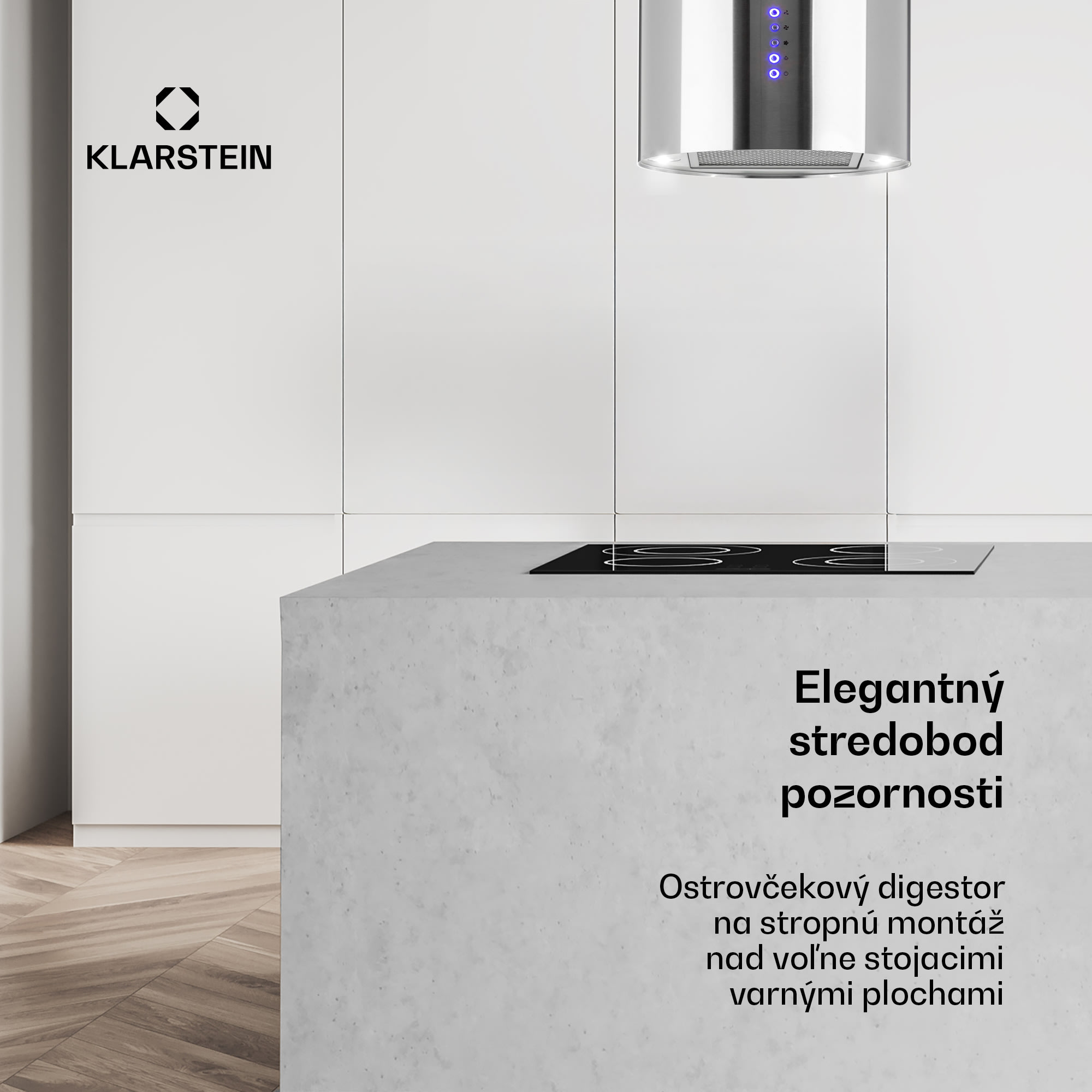 Klarstein Beretta, digestor, 35 cm, ostrovčekový, 650m³/h, LED, nehrdzavejúca oceľ