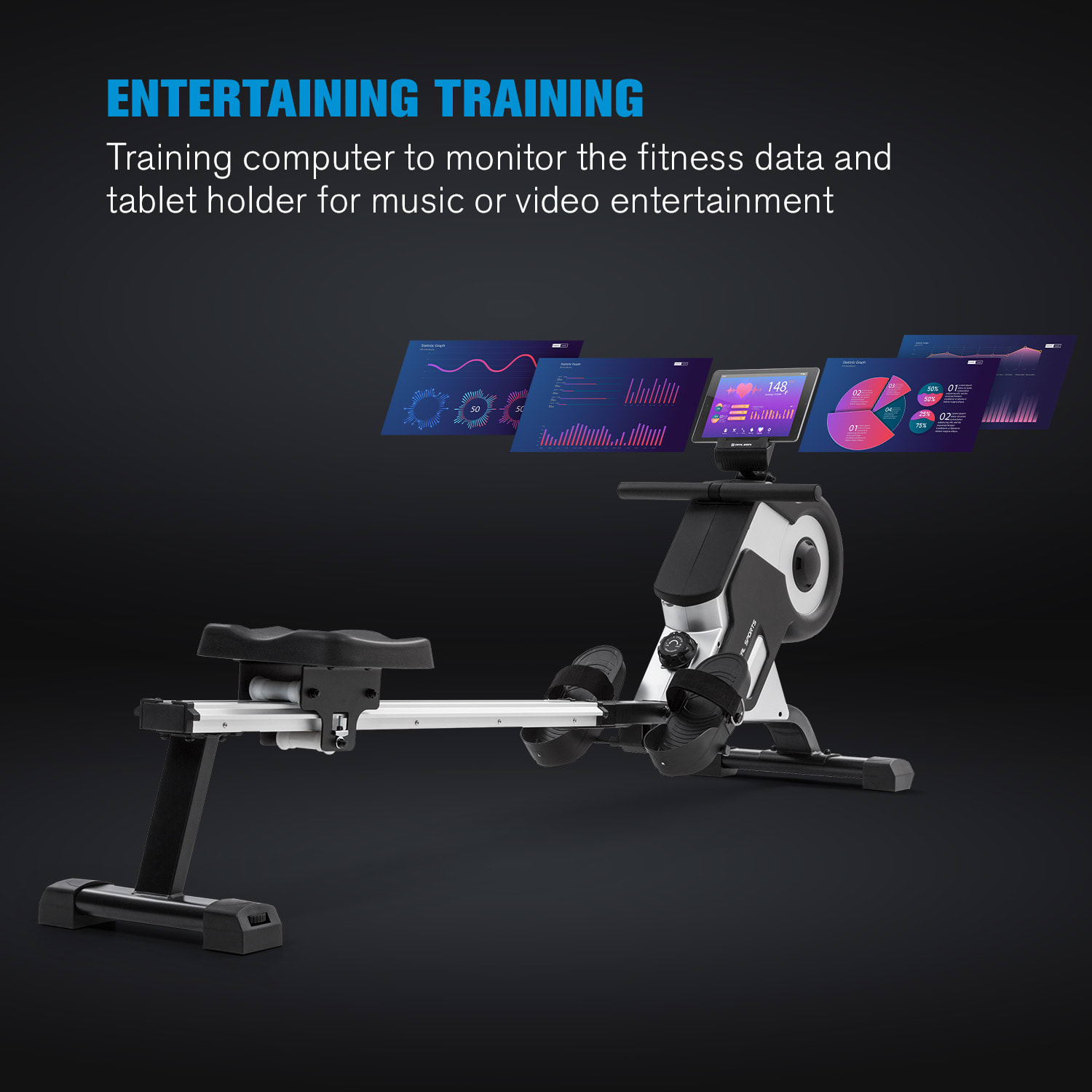 Capital Sports Stream M1, magnetický veslovací trenažér, 105 cm, LC displej, 8 úrovní, hliník – Obrázok 3