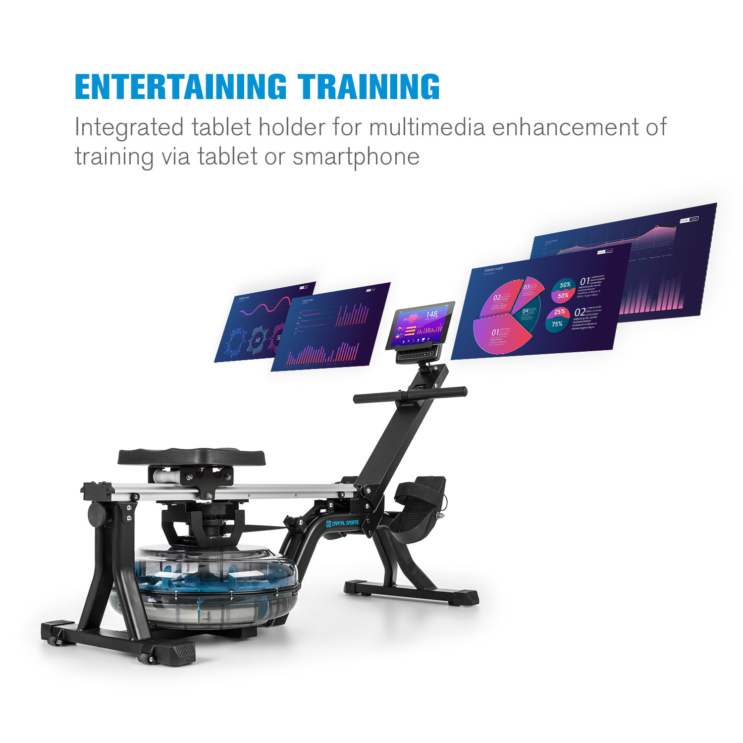 Capital Sports Flow M1, vodný veslovací trenažér, priestorovo úsporný, tréningový počítač, do 150 kg – Obrázok 4