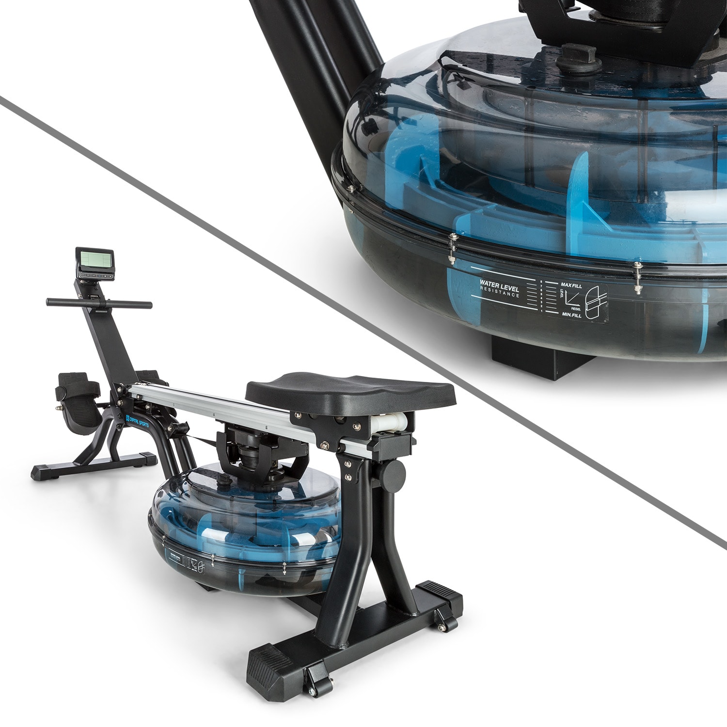 Capital Sports Flow M1, vodný veslovací trenažér, priestorovo úsporný, tréningový počítač, do 150 kg – Obrázok 3