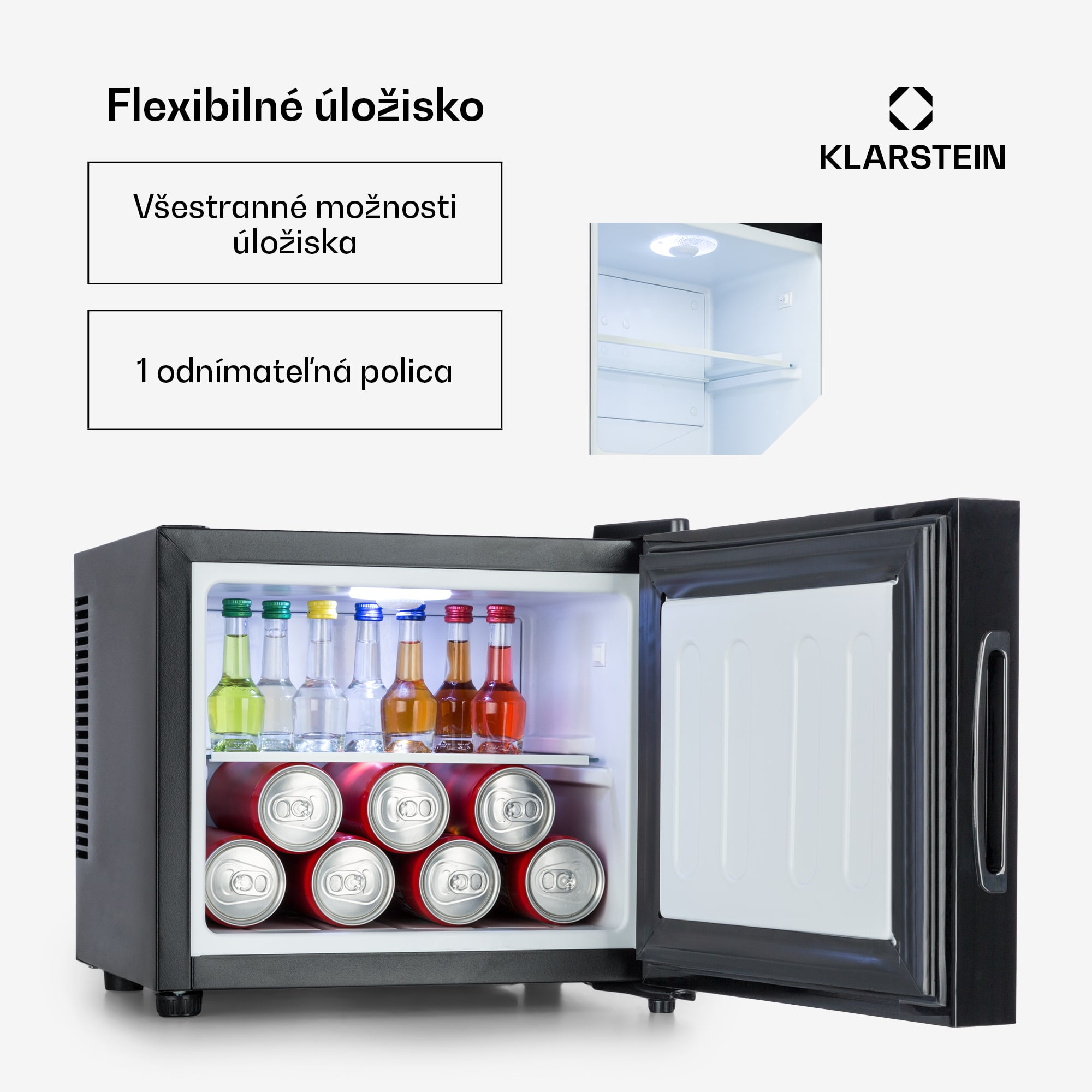 Klarstein Frosty, mini chladnička, 10 l, energet. trieda A, dvere so zrkadlovým sklom, čierna – Obrázok 4
