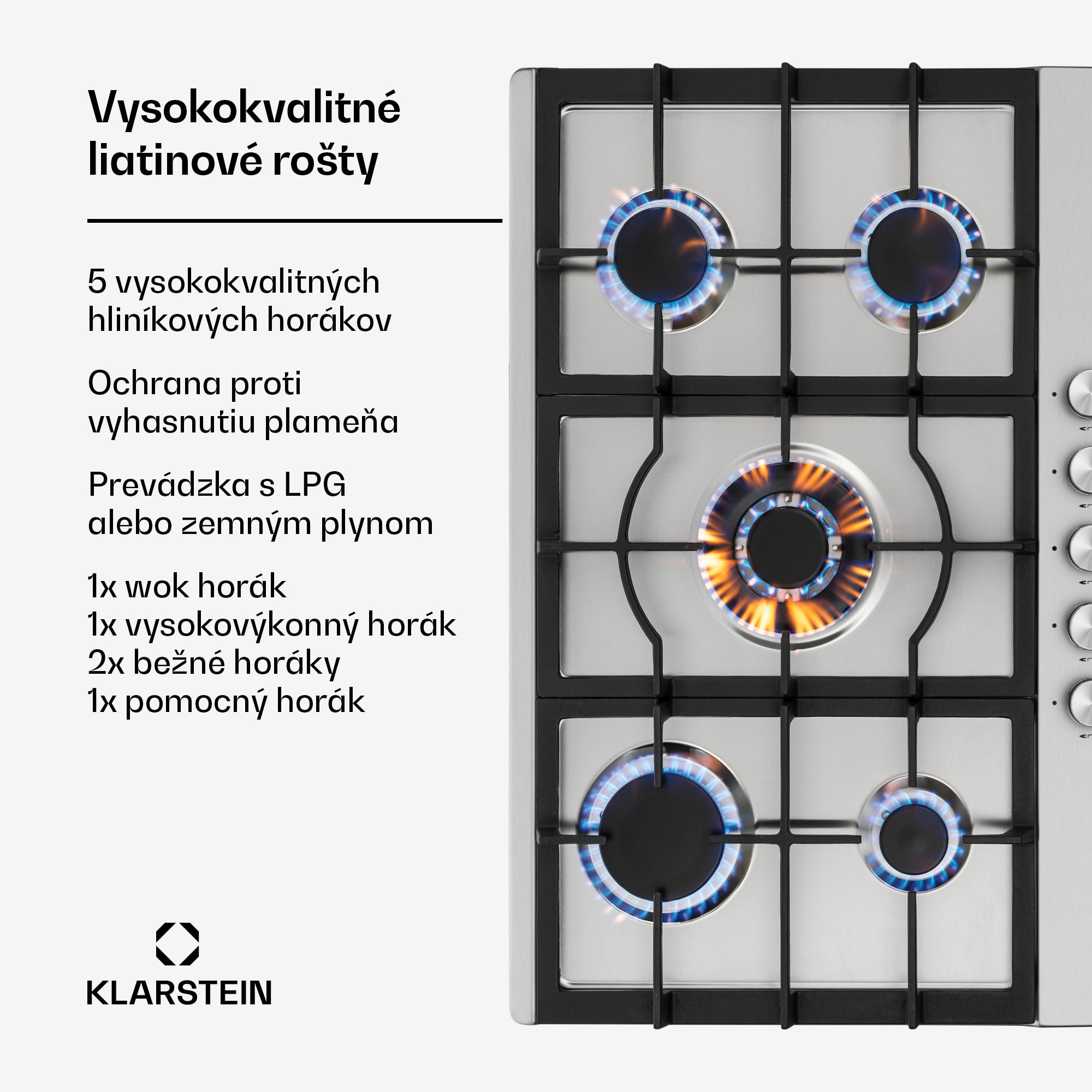 Klarstein Ignito 5 Zonen, plynová varná doska, 5 Sabaf horákov, nehrdzavejúca oceľ, strieborná – Obrázok 2