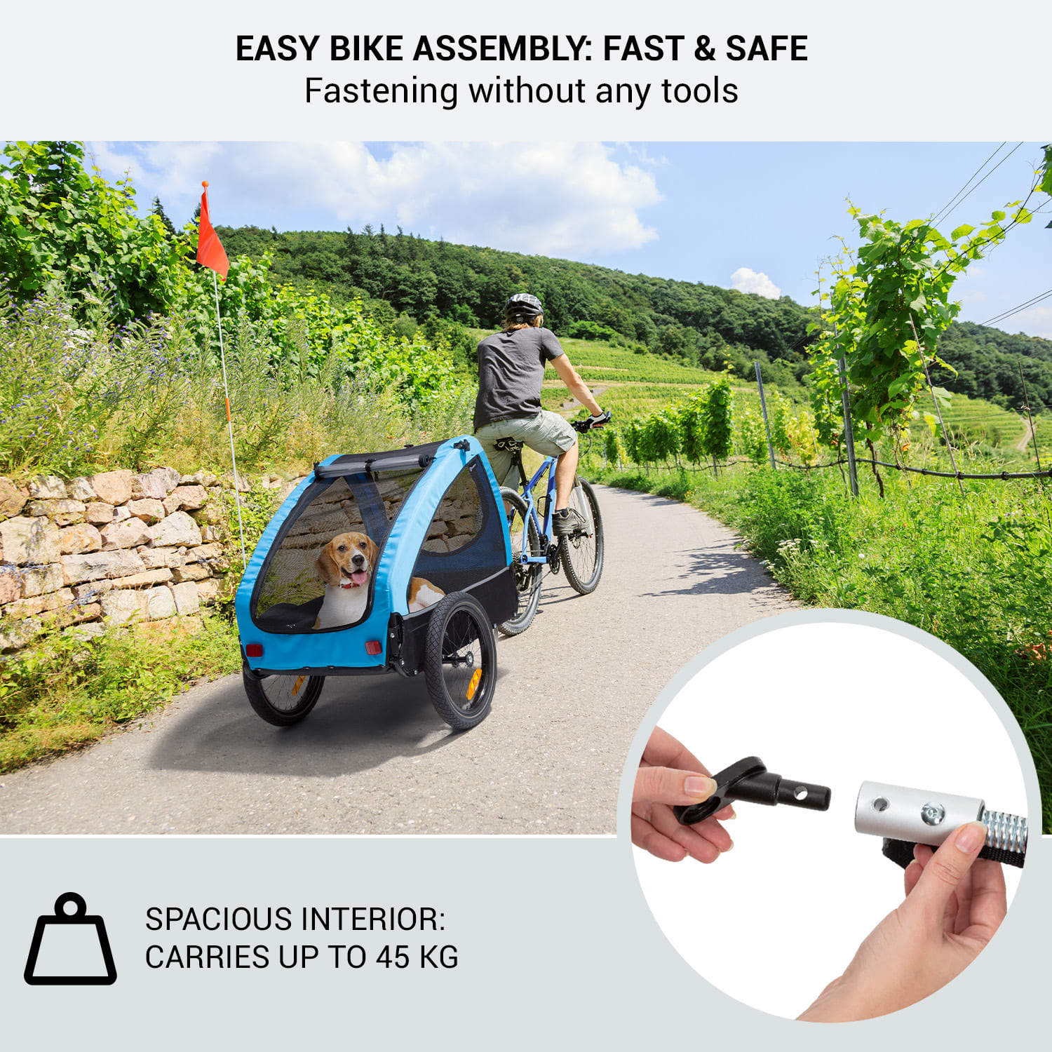 KLARFIT Husky, príves na bicykel pre psov, cca 250L, 600D, Oxfortdské plátno, modrý