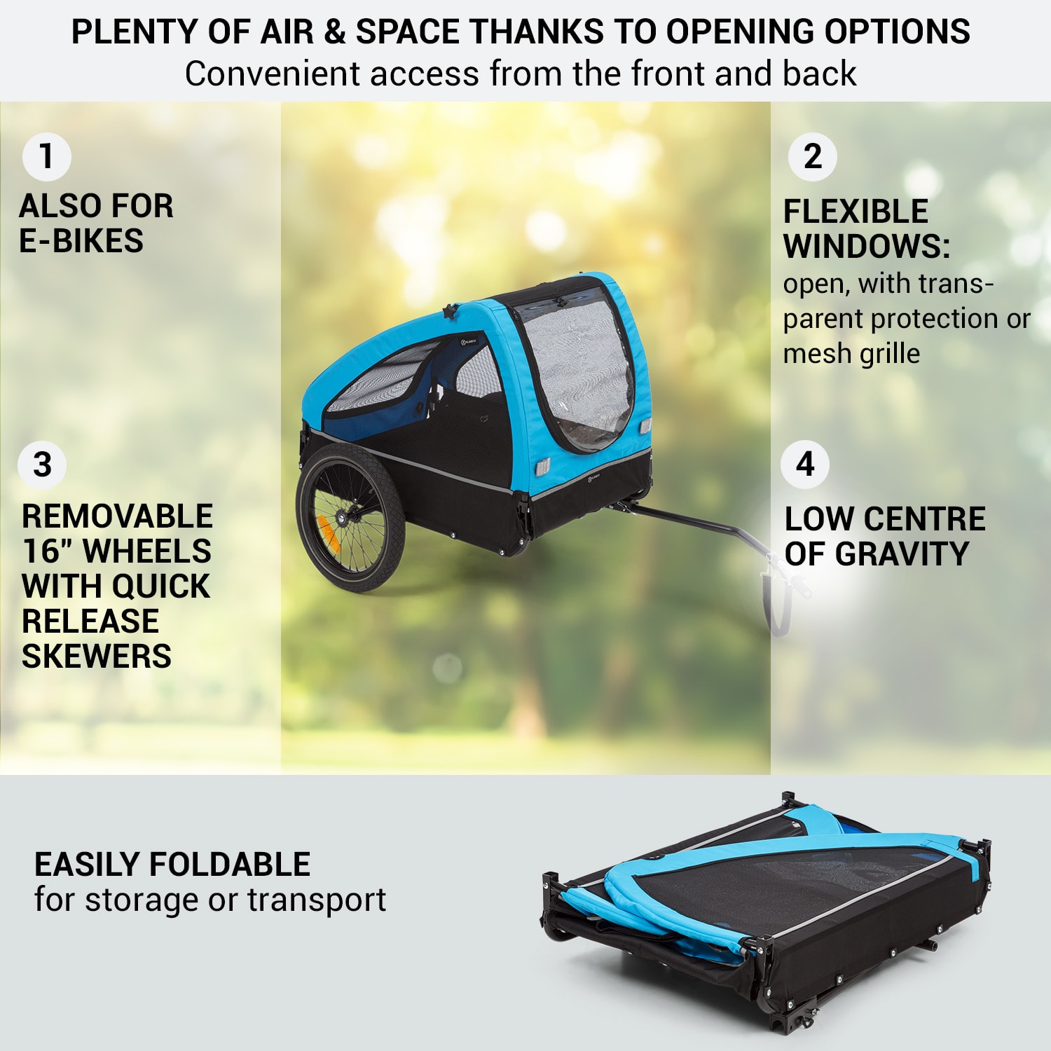 KLARFIT Husky, príves na bicykel pre psov, cca 250L, 600D, Oxfortdské plátno, modrý – Obrázok 2