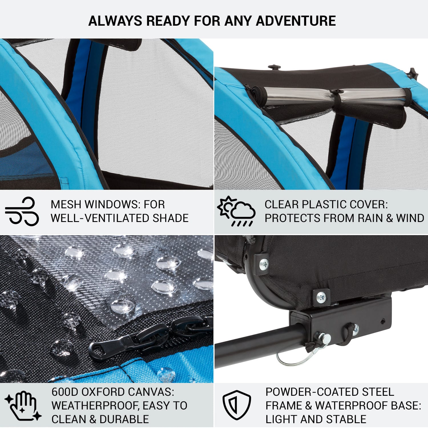 KLARFIT Husky, príves na bicykel pre psov, cca 250L, 600D, Oxfortdské plátno, modrý – Obrázok 4