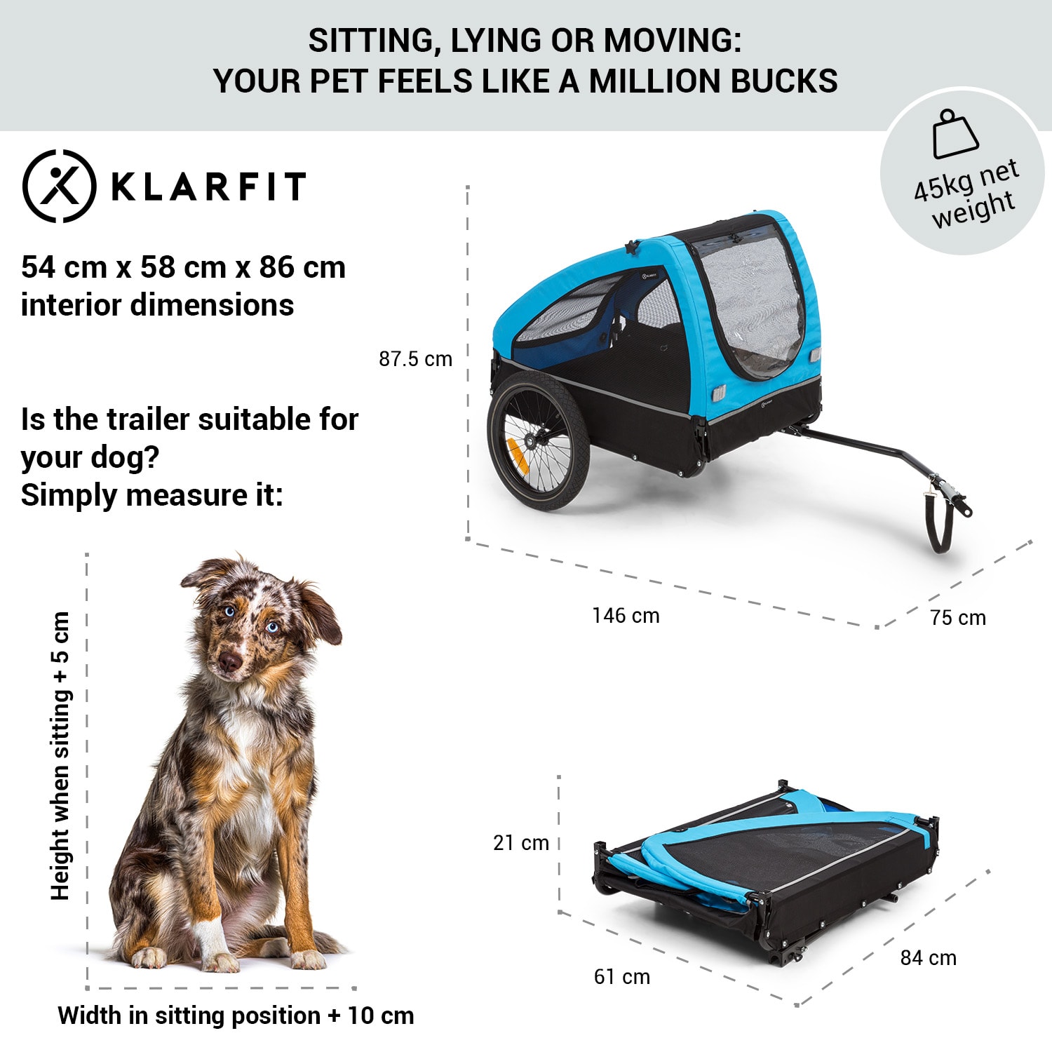 KLARFIT Husky, príves na bicykel pre psov, cca 250L, 600D, Oxfortdské plátno, modrý – Obrázok 5