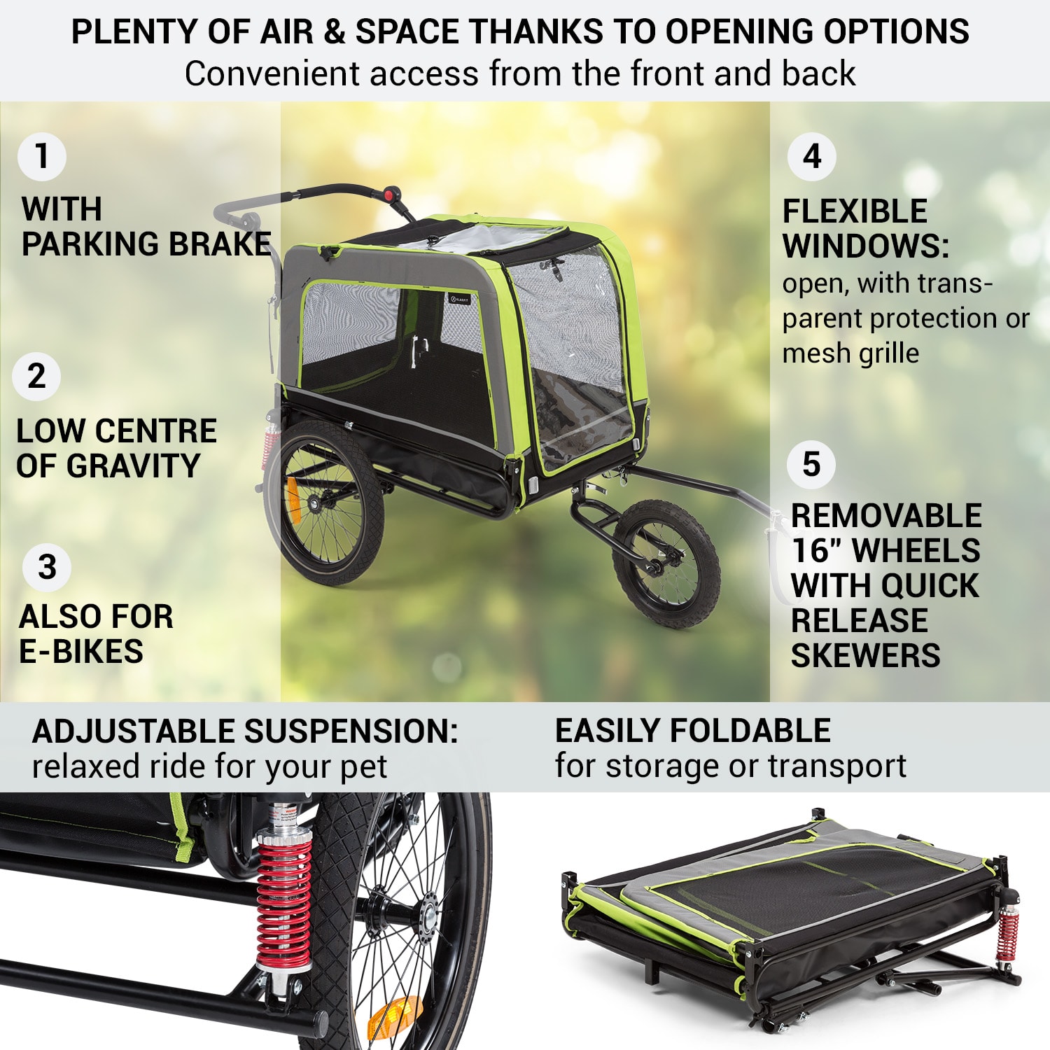 KLARFIT Husky Vario, 2-v-1, príves pre psa, bugina pre psov, cca 240L, 600D, Oxfort, zelený – Obrázok 2