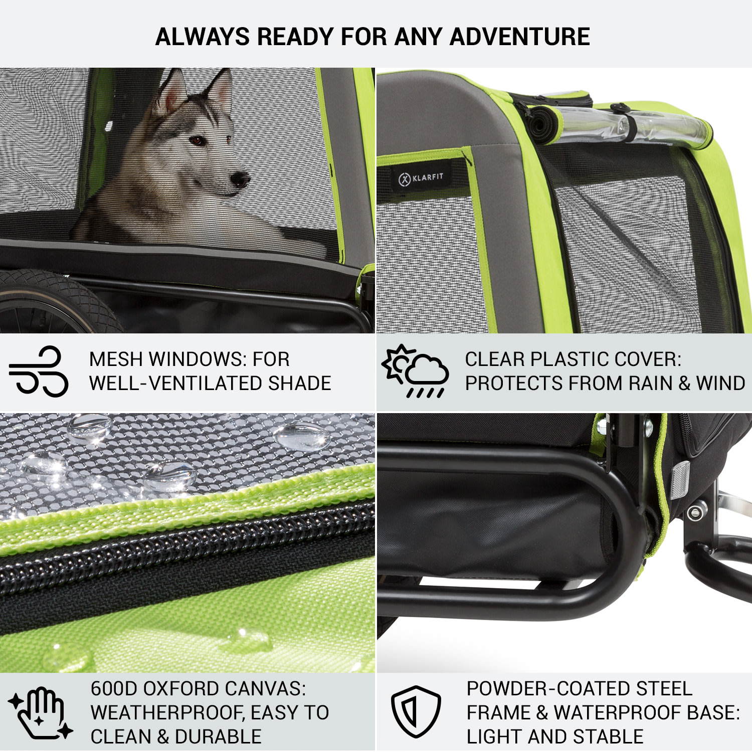 KLARFIT Husky Vario, 2-v-1, príves pre psa, bugina pre psov, cca 240L, 600D, Oxfort, zelený – Obrázok 4