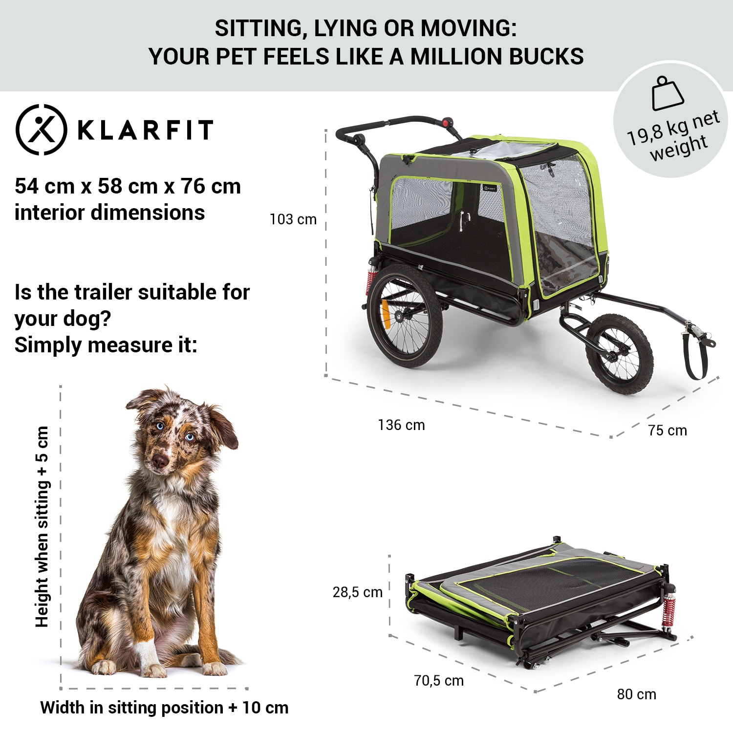 KLARFIT Husky Vario, 2-v-1, príves pre psa, bugina pre psov, cca 240L, 600D, Oxfort, zelený – Obrázok 5