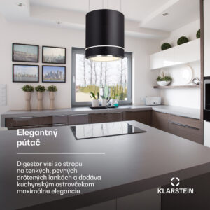 Klarstein Tron Ambience, digestor, 38 cm, ostrovčekový, 540 m³/h, LED, čierny