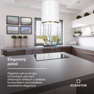 Klarstein Tron Ambience, digestor, 38 cm, ostrovčekový, 540 m³/h, LED, biely