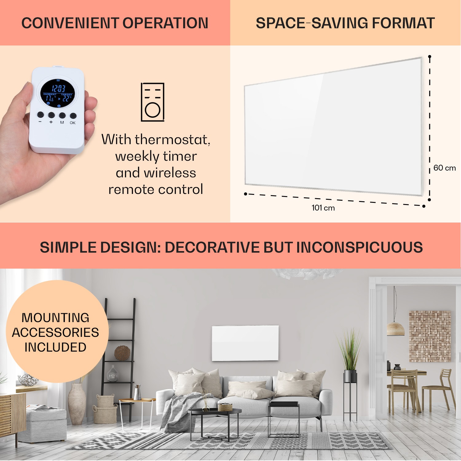 Klarstein Wonderwall Air 60, infračervený ohrievač, 101 x 60 cm, 600 W, nástenná montáž, diaľkový ovládač, biely – Obrázok 5