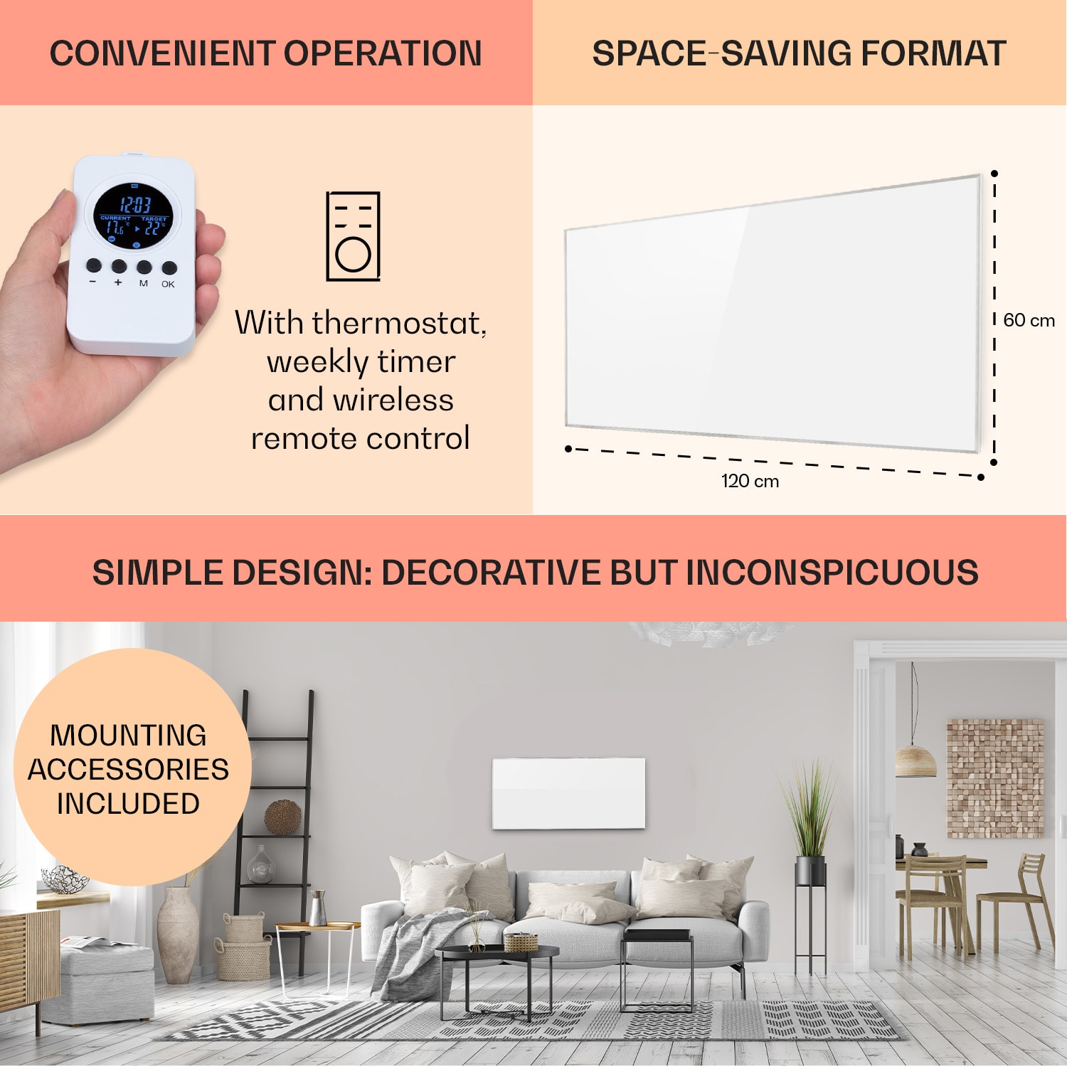 Klarstein Wonderwall Air 72, infračervený ohrievač, 120 x 60 cm, 720 W, nástenná montáž, diaľkový ovládač, biely – Obrázok 5