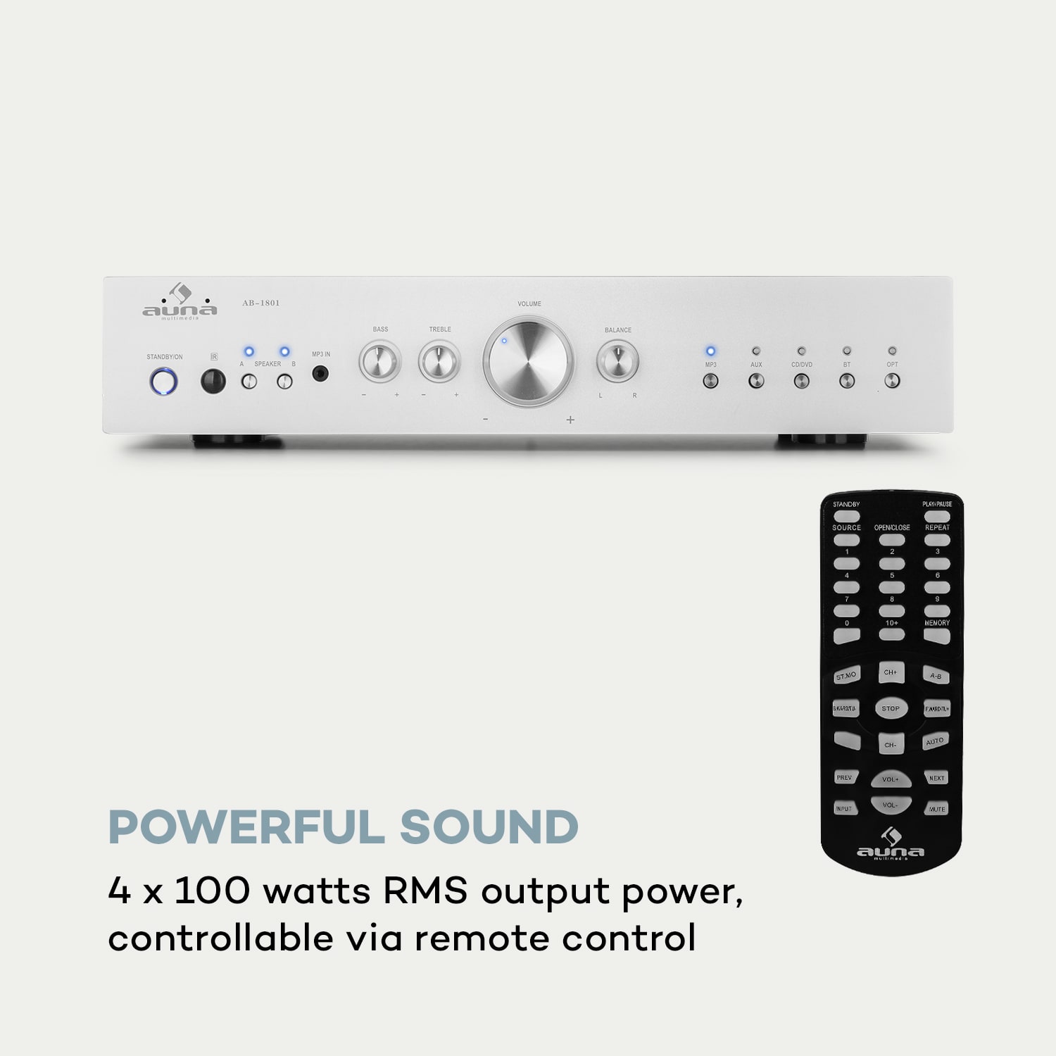 Auna AV2-CD608BT, HiFi stereo zosilňovač, 4 x 100 W RMS, BT, digitálny optický vstup – Obrázok 2