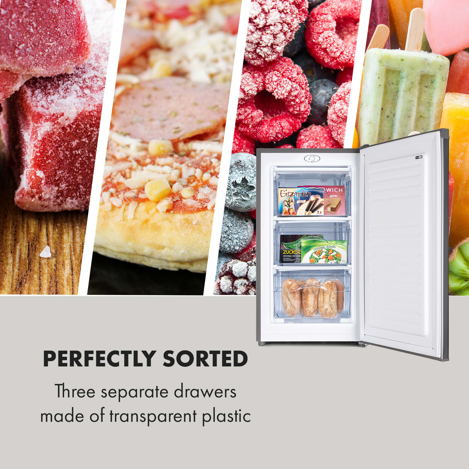 Klarstein Garfield Eco L, mraznička, 64 l, 3 zásuvky, sivá – Obrázok 4