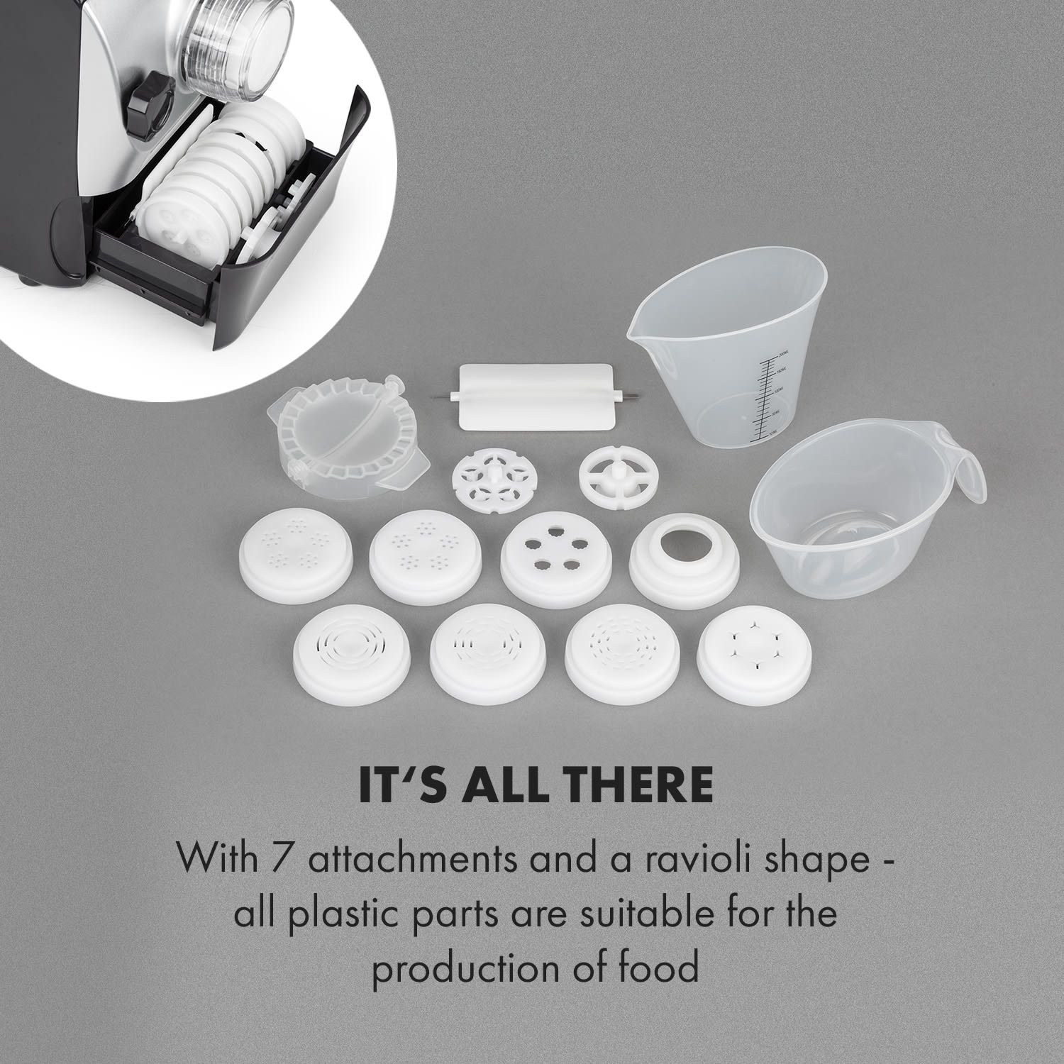 Klarstein Pastamania, zriadenie na výrobu cestovín, 260 W, 7 nadstavcov, 500 g, 60 dB, LED – Obrázok 5