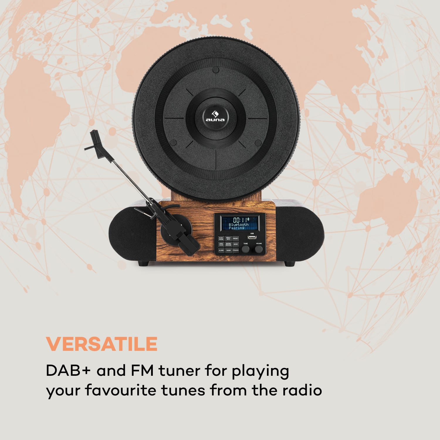 Auna Verticalo SE DAB, retro gramofón, DAB+, FM tuner, USB, BT, AUX, drevo – Obrázok 2