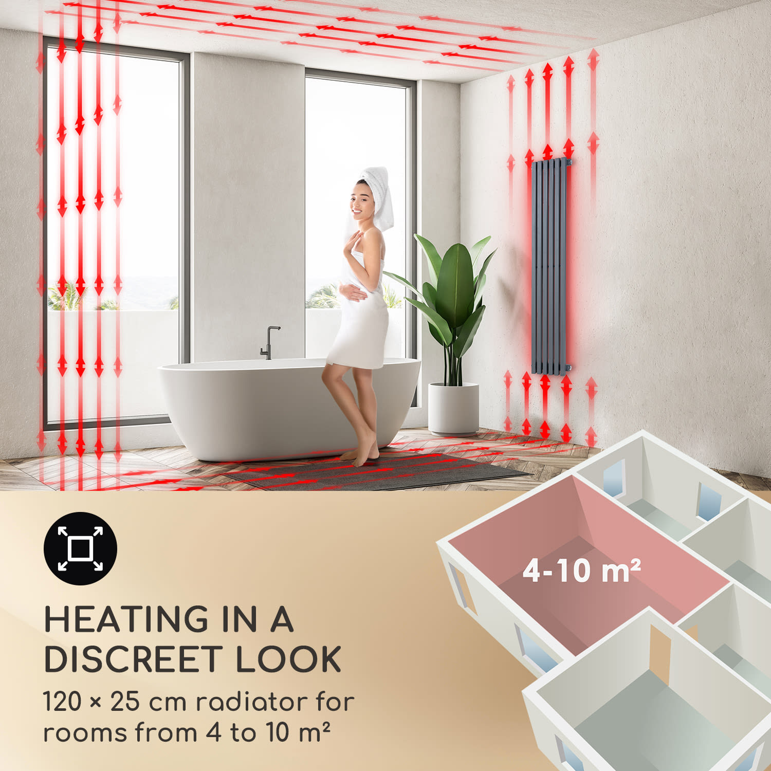 Besoa Delgado, radiátor, 120 x 25, 508 W, teplá voda, 1/2", 4 – 10 m², sivý – Obrázok 2