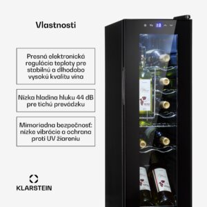 Klarstein Shiraz 12 Slim, vinotéka, 32 l, 12 fliaš, 85 W, 5–18°C, dotykový ovládací panel