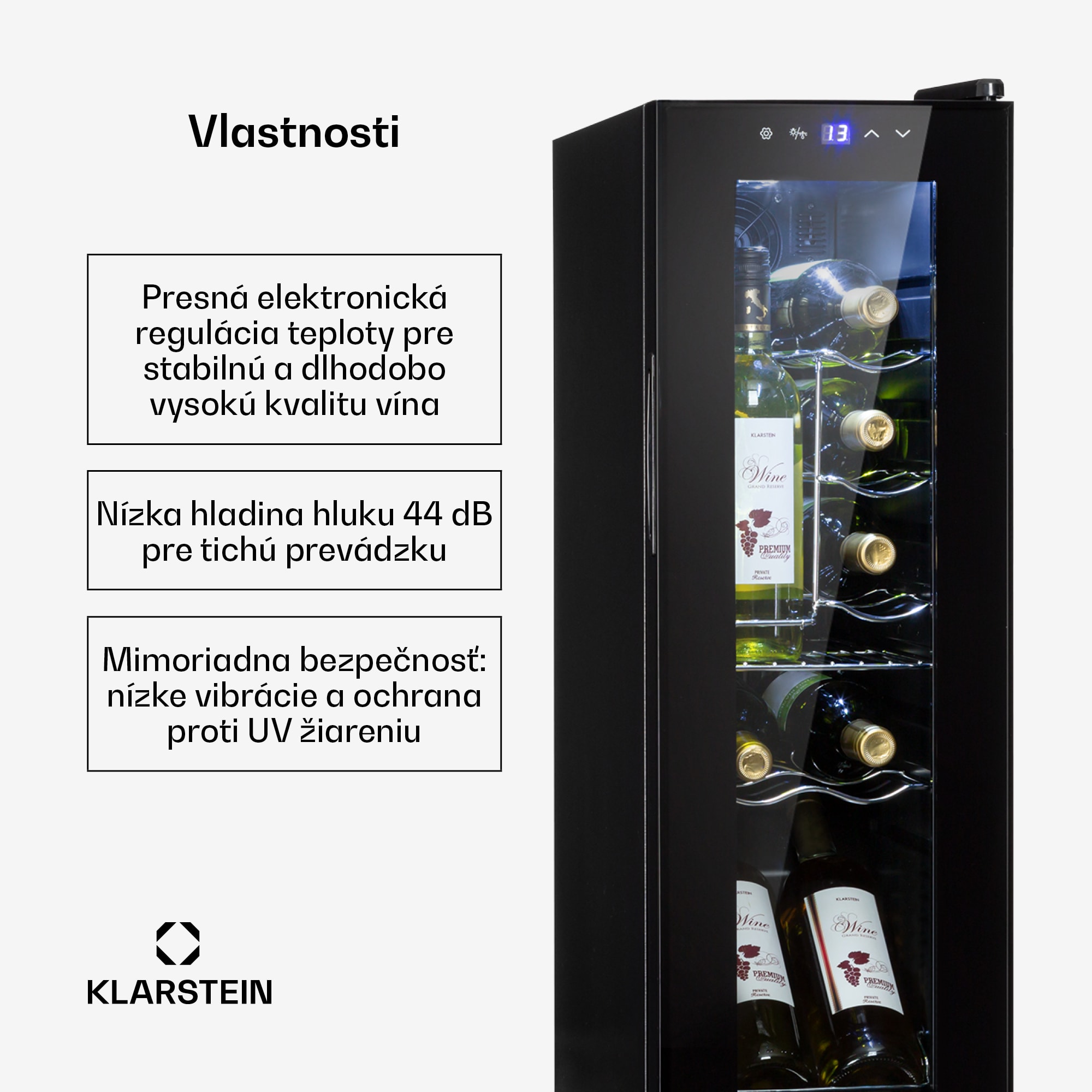 Klarstein Shiraz 12 Slim, vinotéka, 32 l, 12 fliaš, 85 W, 5–18°C, dotykový ovládací panel