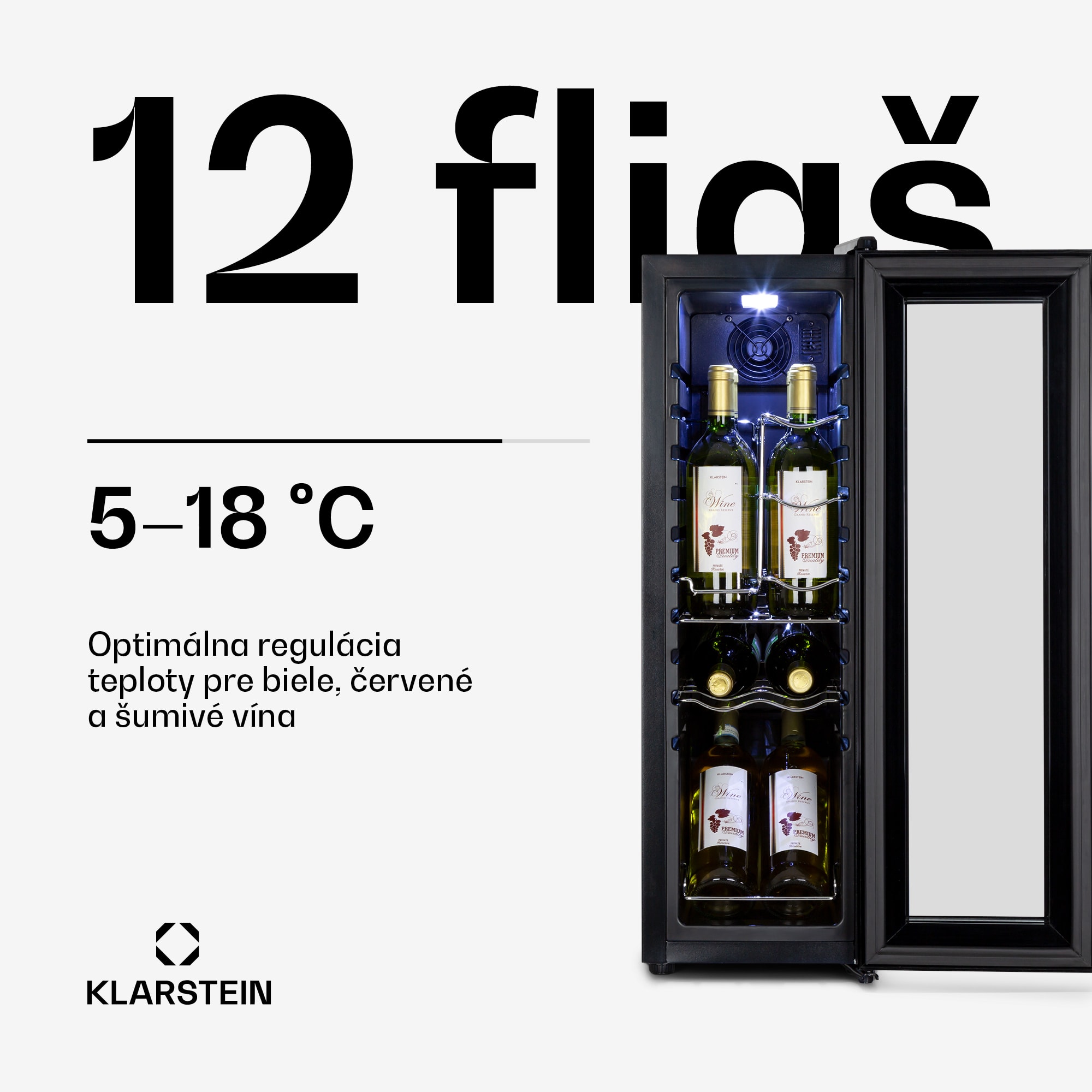 Klarstein Shiraz 12 Slim, vinotéka, 32 l, 12 fliaš, 85 W, 5–18°C, dotykový ovládací panel – Obrázok 2