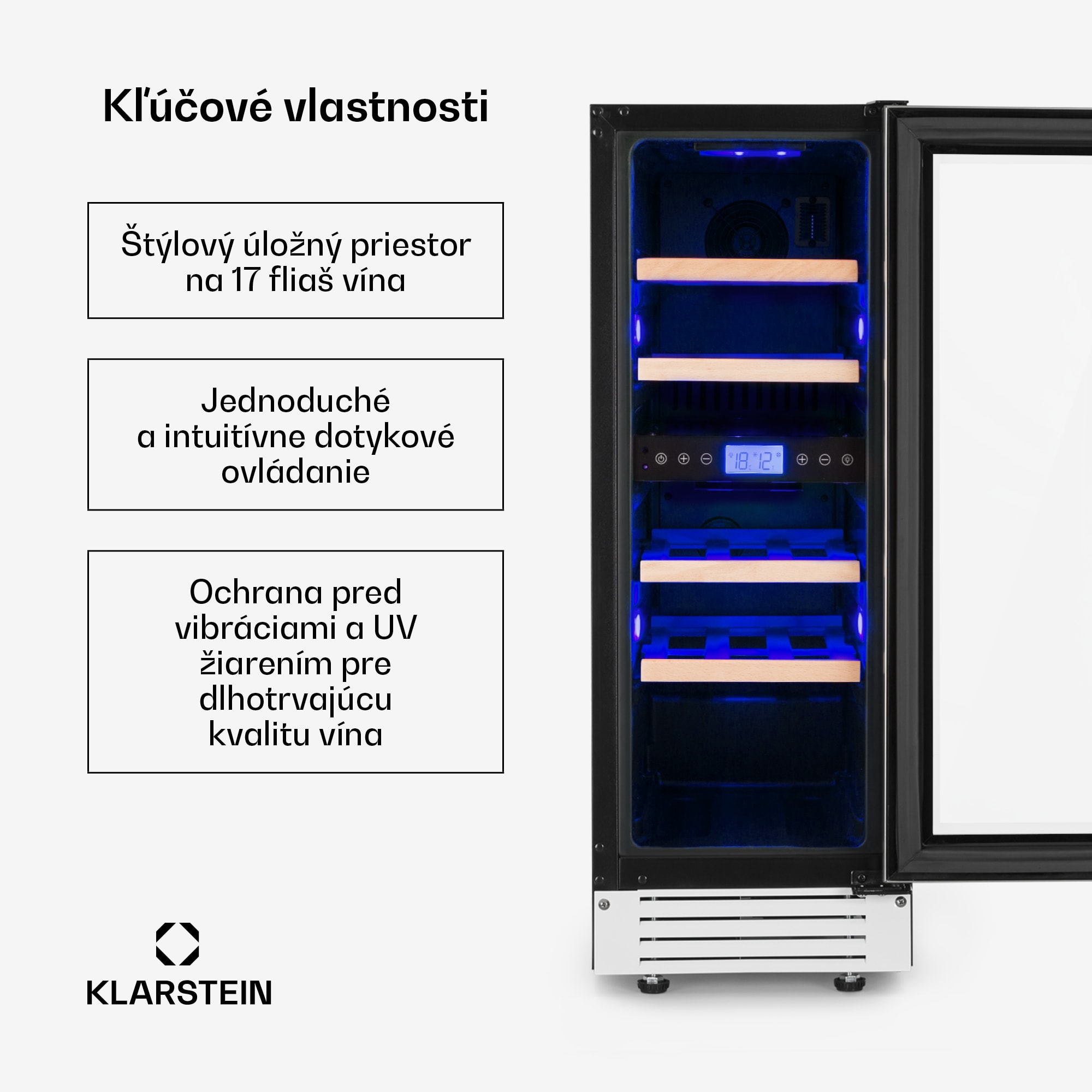 Klarstein Vinovilla 17, dvojzónová vinotéka, 53 l, 17 fliaš, 3-farebné LED osvetlenie, biela