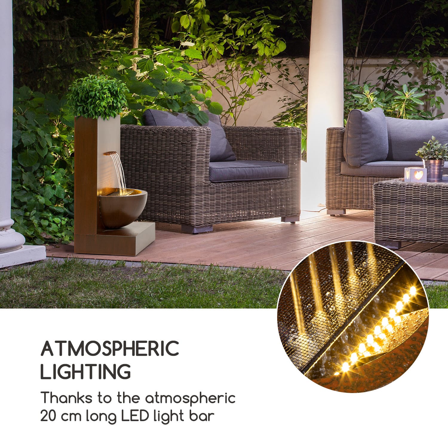 Blumfeldt Windflower, záhradná fontána s kvetináčom, 11 W, pozinkovaný kov, hnedá – Obrázok 5