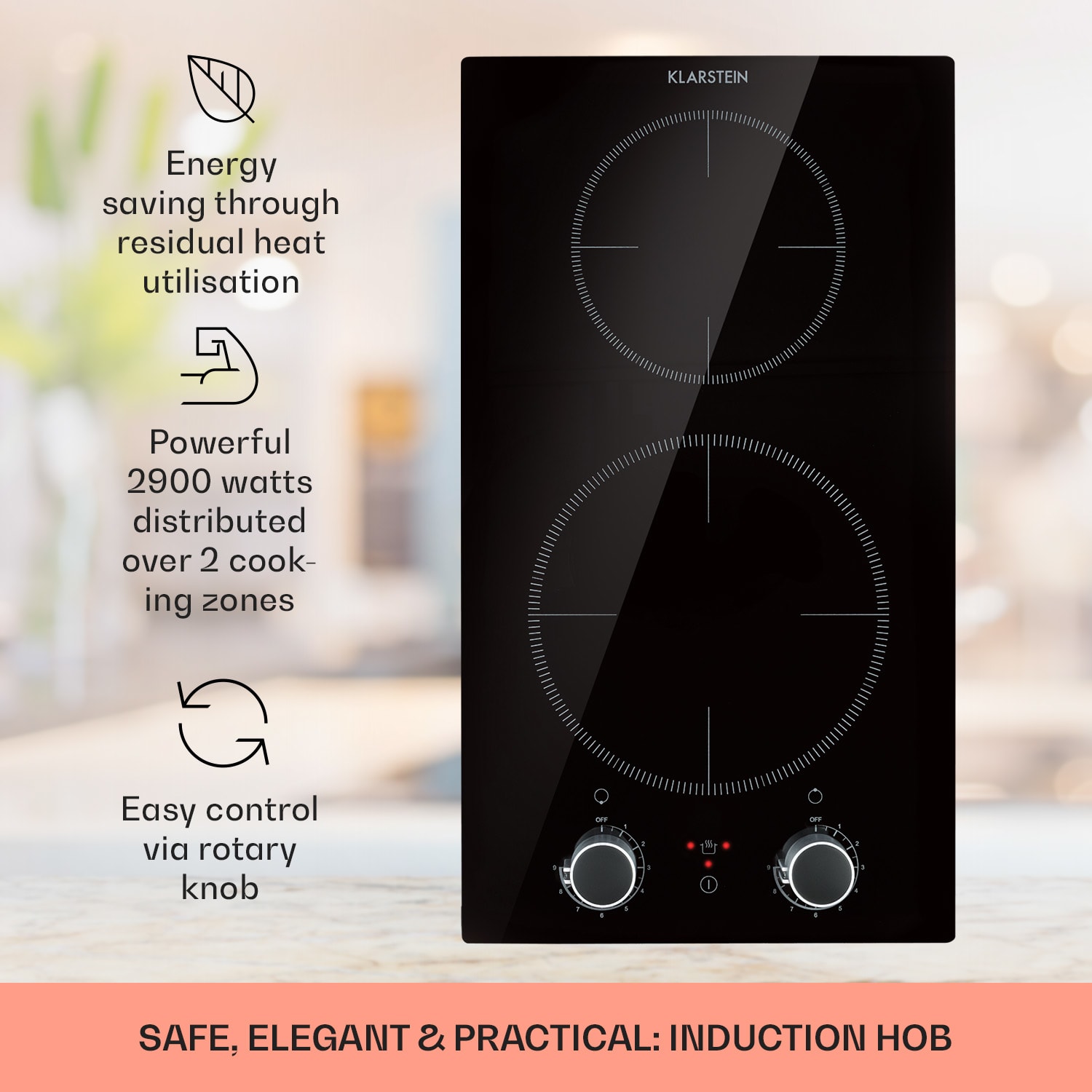 Klarstein Kochheld, indukčná varná doska, 2900 W, 2 zóny, otočné regulátory, sklo, čierna
