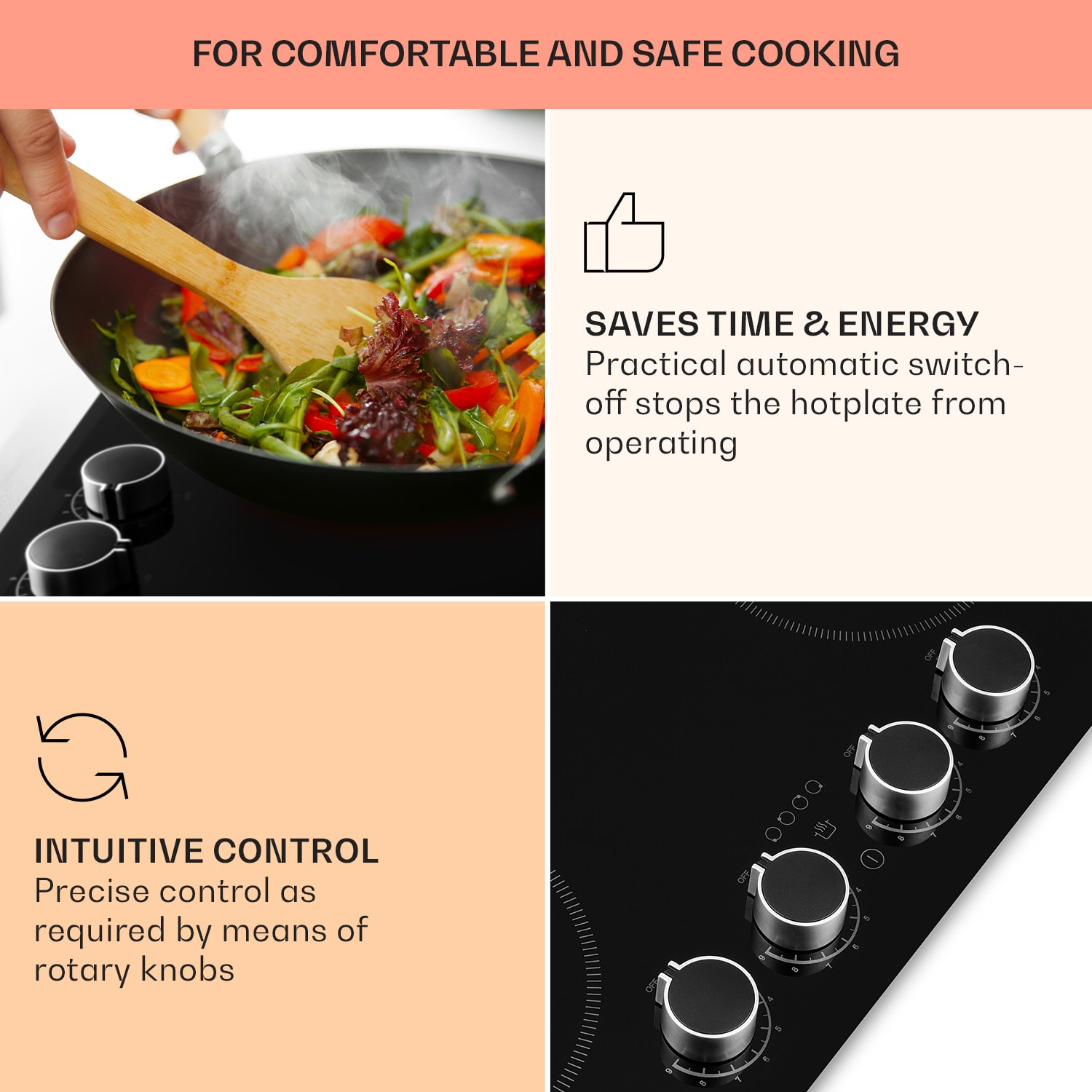 Klarstein Kochheld, indukčná varná doska, 6000 W, 4 zóny, otočné regulátory, sklo, čierna – Obrázok 3