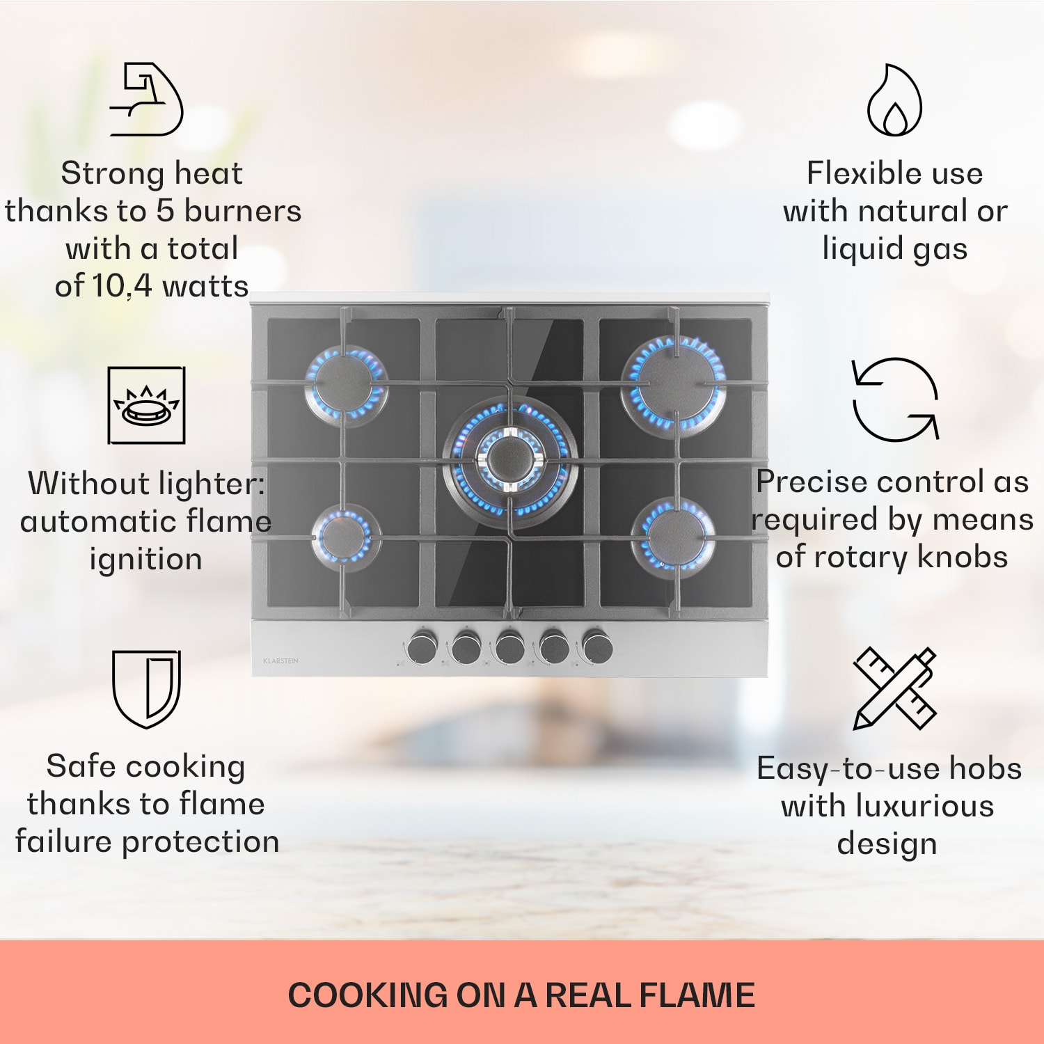 Klarstein Alchemist, plynová varná doska, 5 hliníkových horákov, sklokeramika, čierna