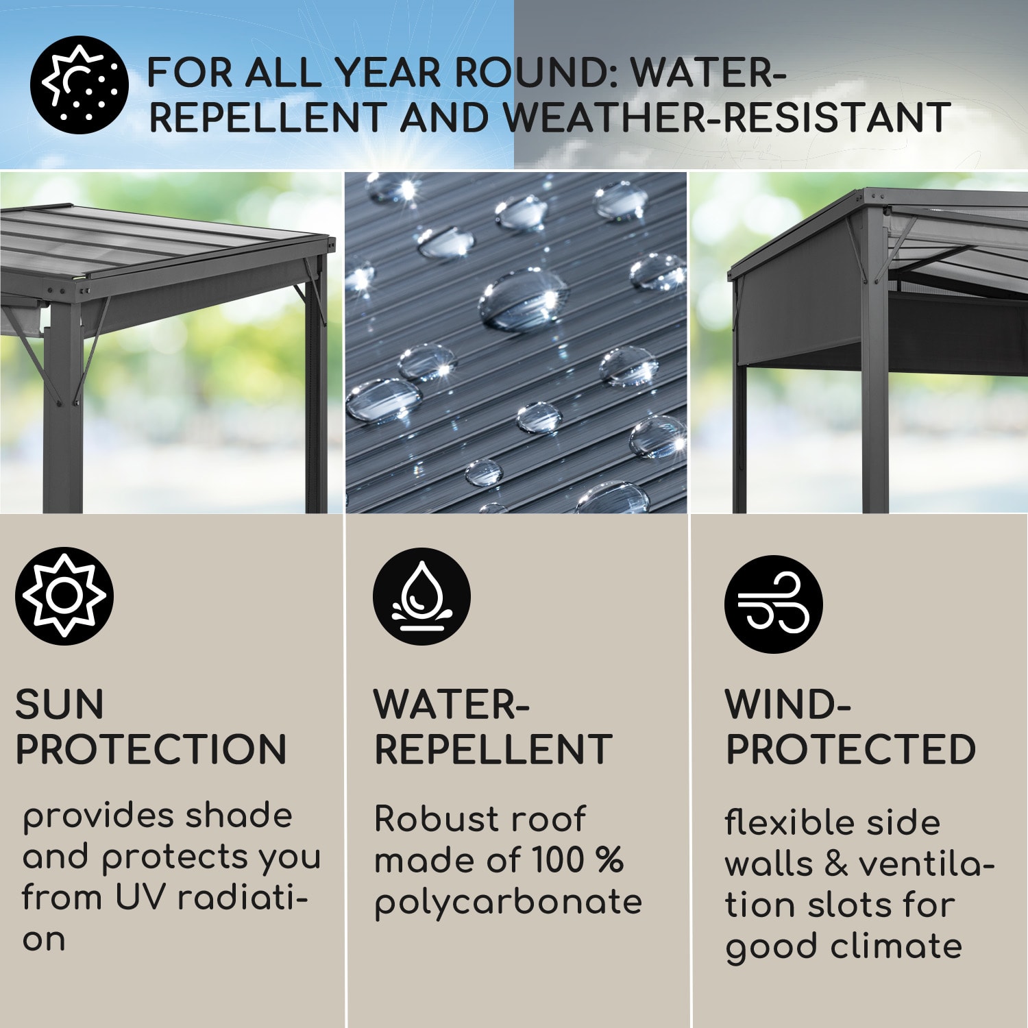 Blumfeldt Pantheon Cortina Solid Sky, pergola, prístrešok, 3 x 3 m, polykarbonát, sivá