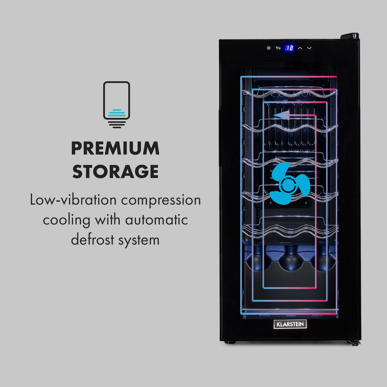 Klarstein Shiraz 18 Uno, vinotéka, 50 l, 18 fliaš, 5-18°C, dotykový ovládací panel – Obrázok 4