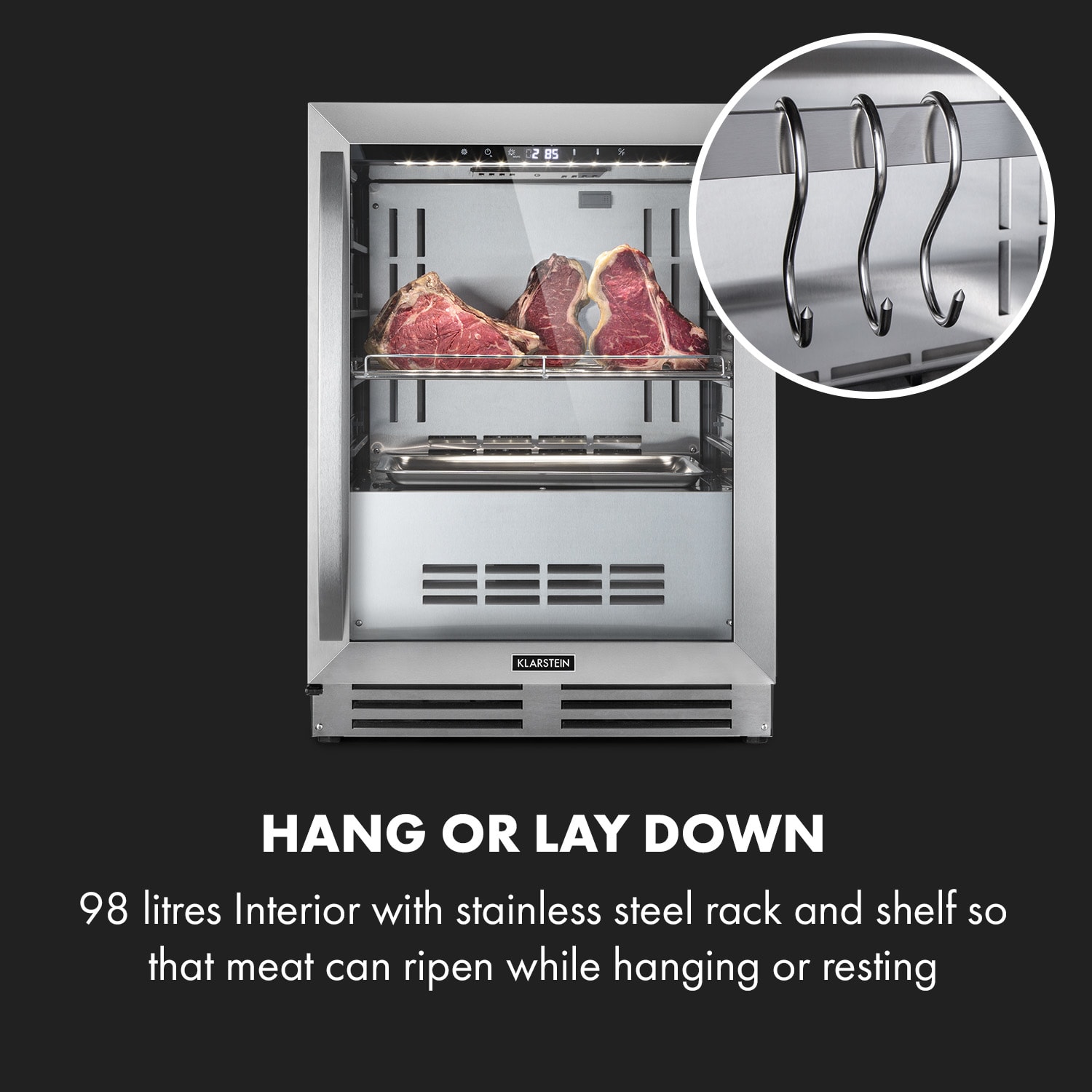 Klarstein Steakhouse Pro, chladnička na zrenie mäsa, 1 zóna, 98 l, 1–25°C, dotyková, nehrdzavejúca oceľ – Obrázok 4