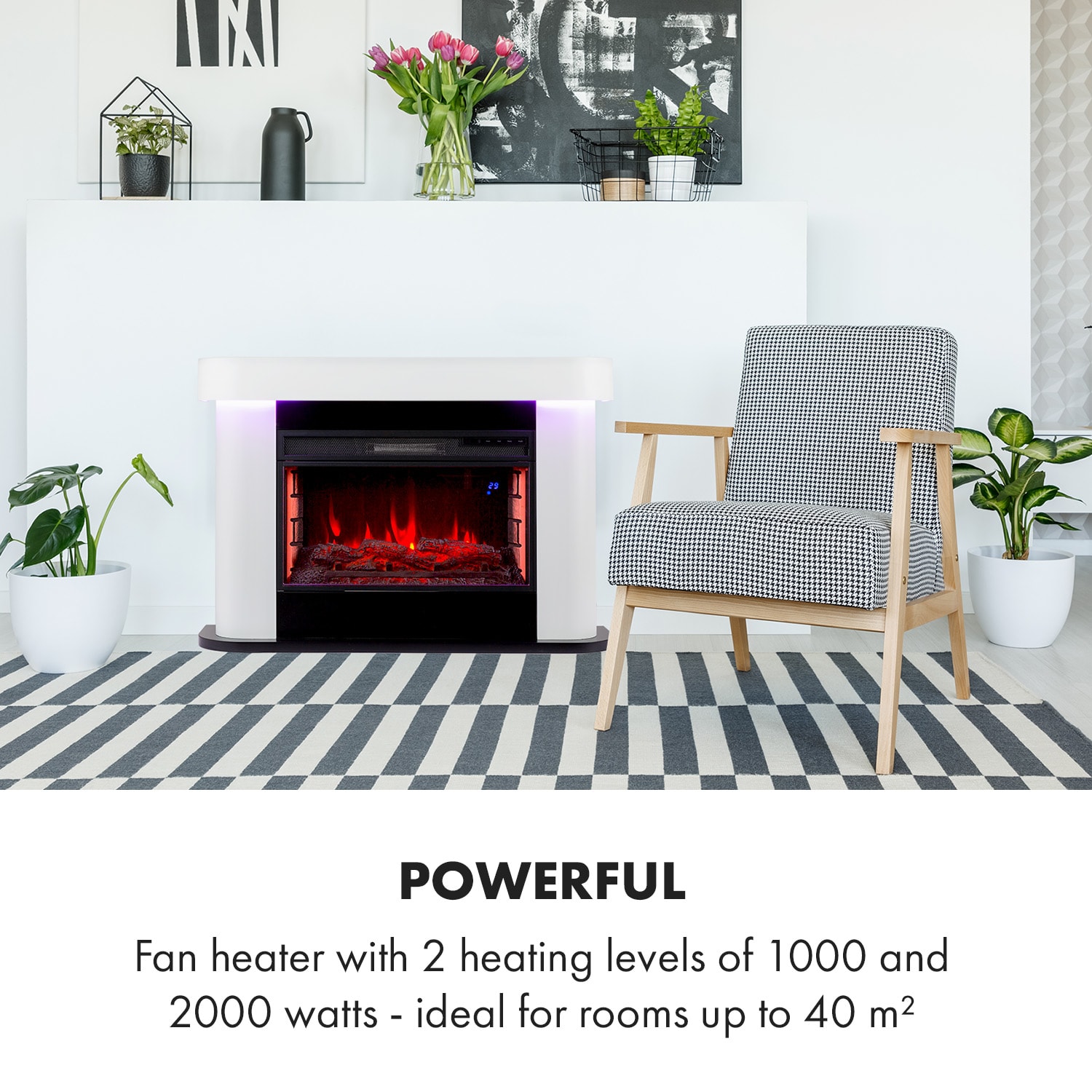 Klarstein Aargau Smart, elektrický krb, 1000/2000 W, LED plameň, 18-27 °C, týždenný časovač, biely – Obrázok 5