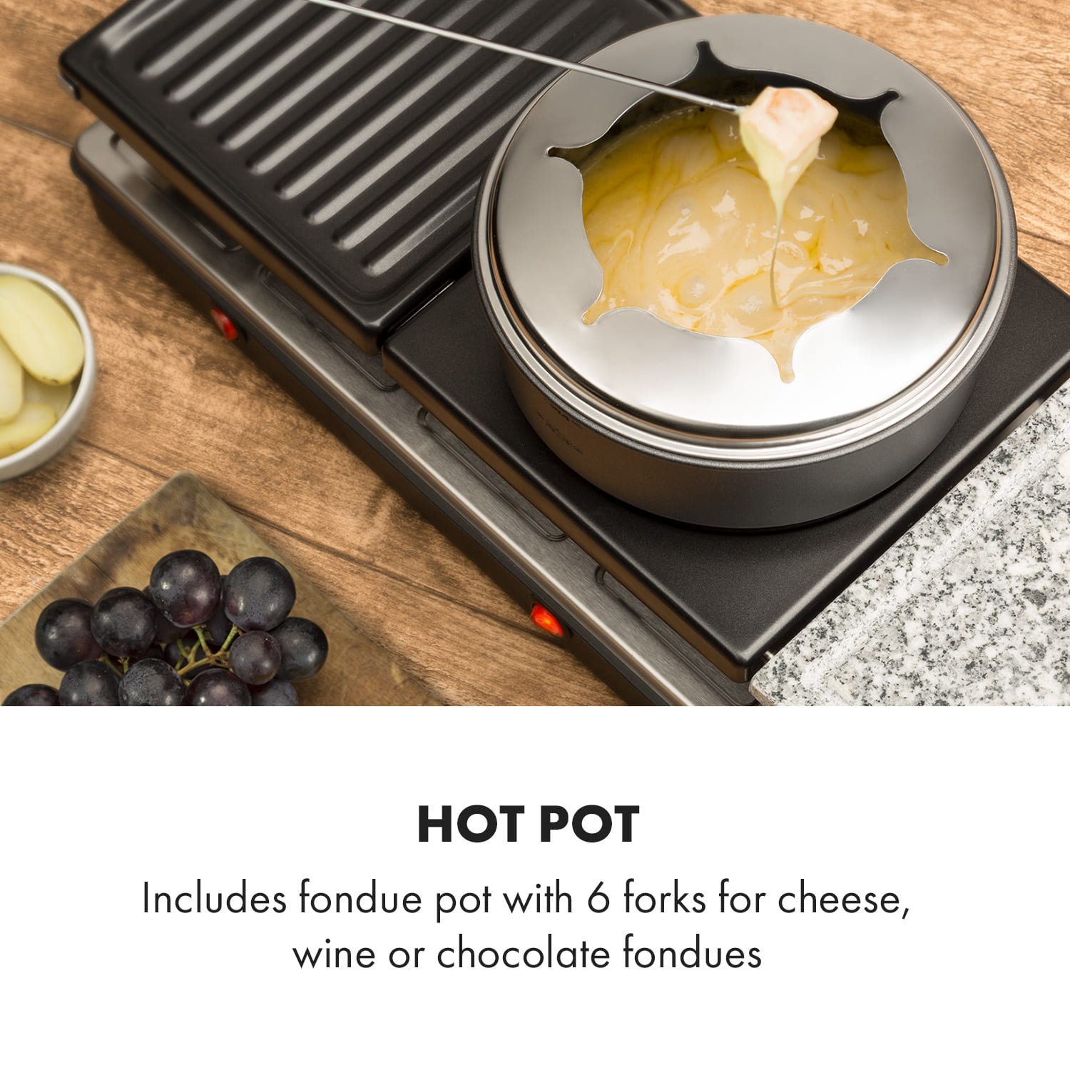 Klarstein Fonduelette XL, raclette gril s fondue 3 v 1, 1650 W, prírodný kameň, pre 6 osôb – Obrázok 3