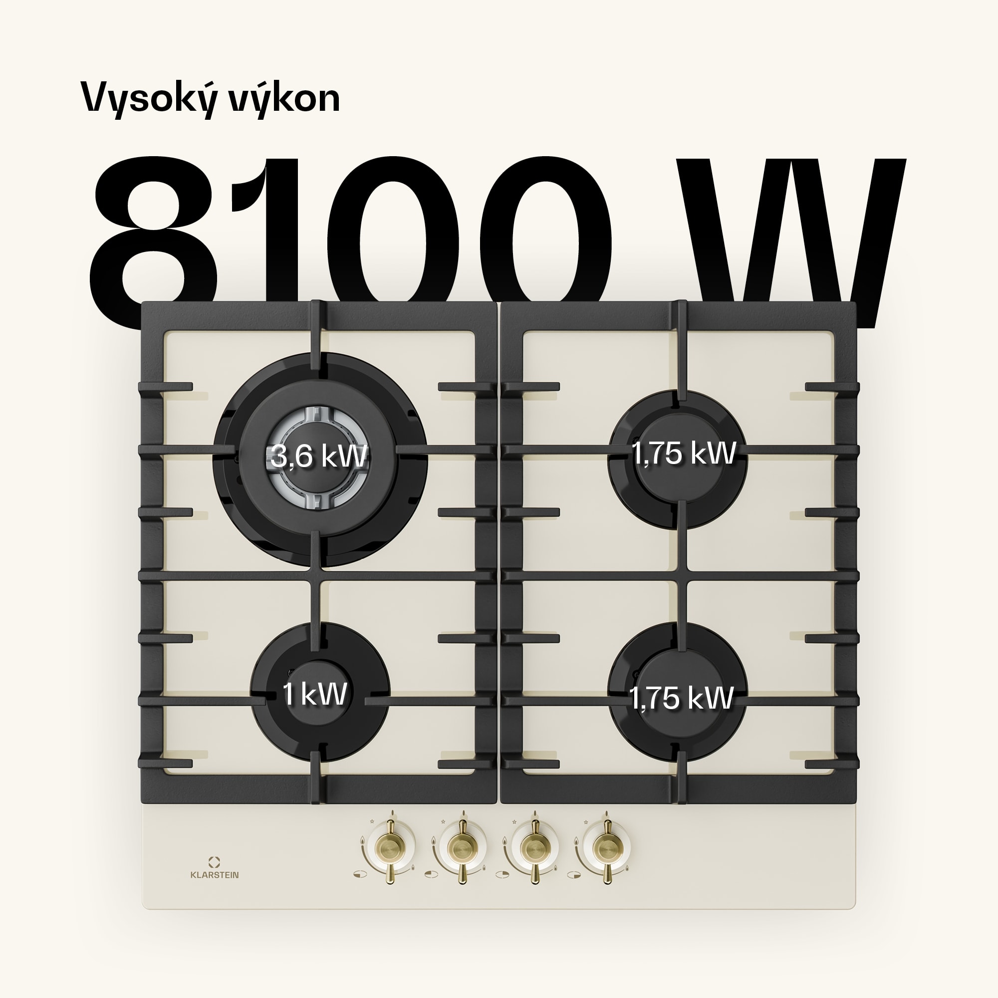 Klarstein Victoria 4, plynová varná doska, 4 horáky, sklokeramika, slonovinová – Obrázok 2