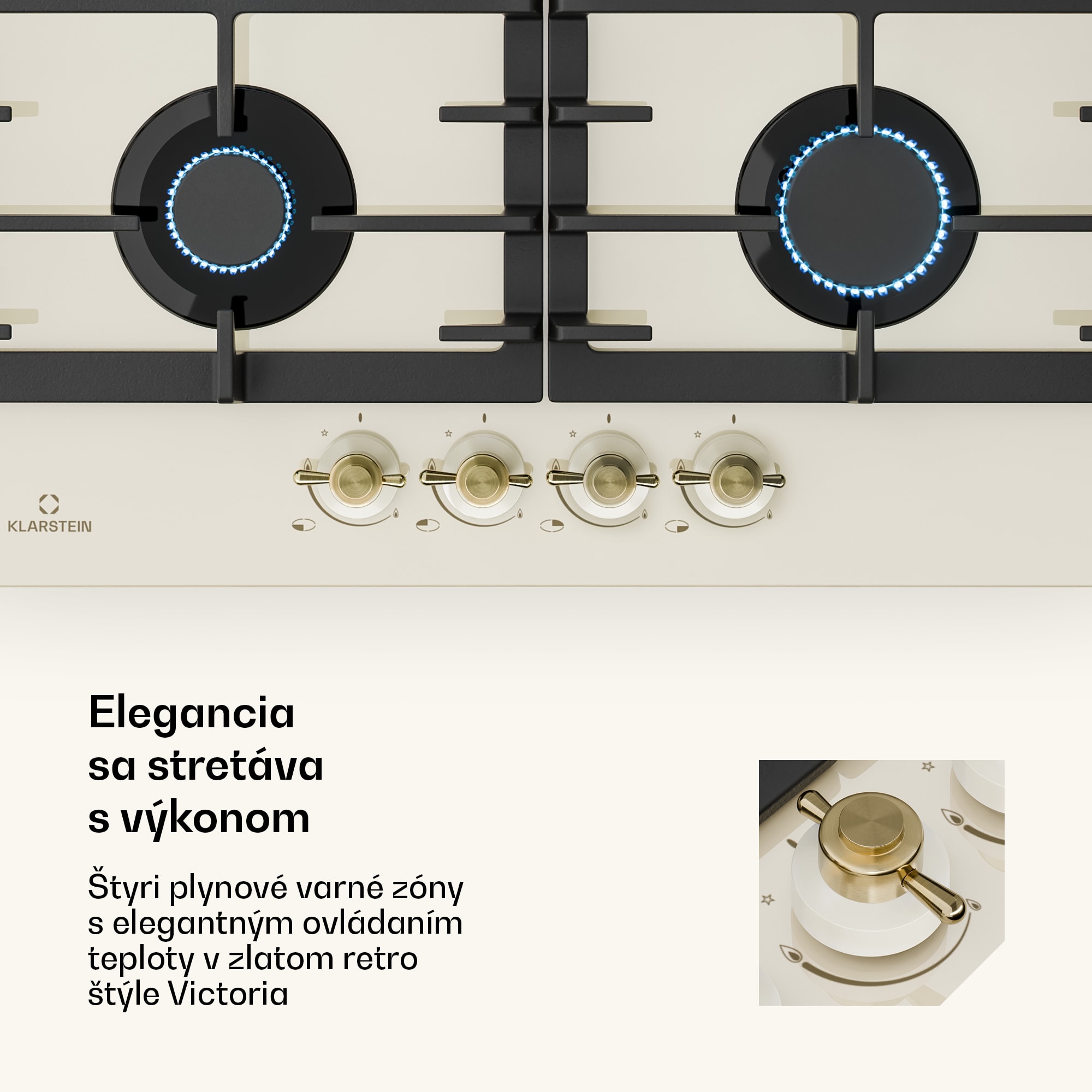 Klarstein Victoria 4, plynová varná doska, 4 horáky, sklokeramika, slonovinová – Obrázok 3
