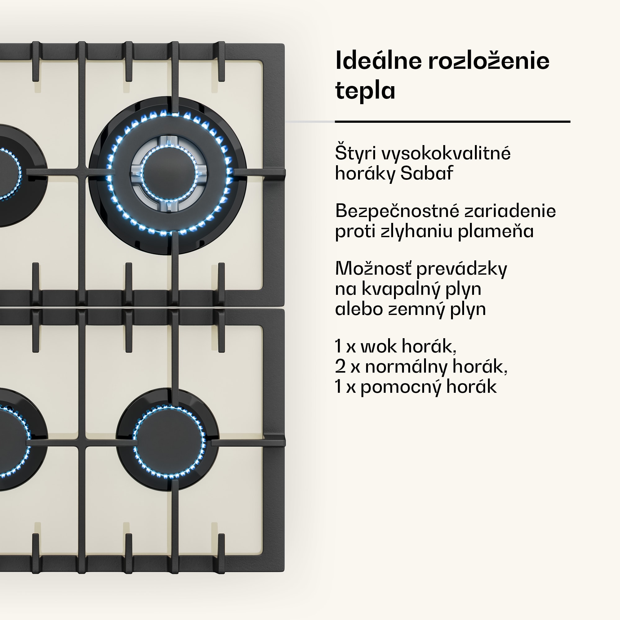 Klarstein Victoria 4, plynová varná doska, 4 horáky, sklokeramika, slonovinová – Obrázok 4