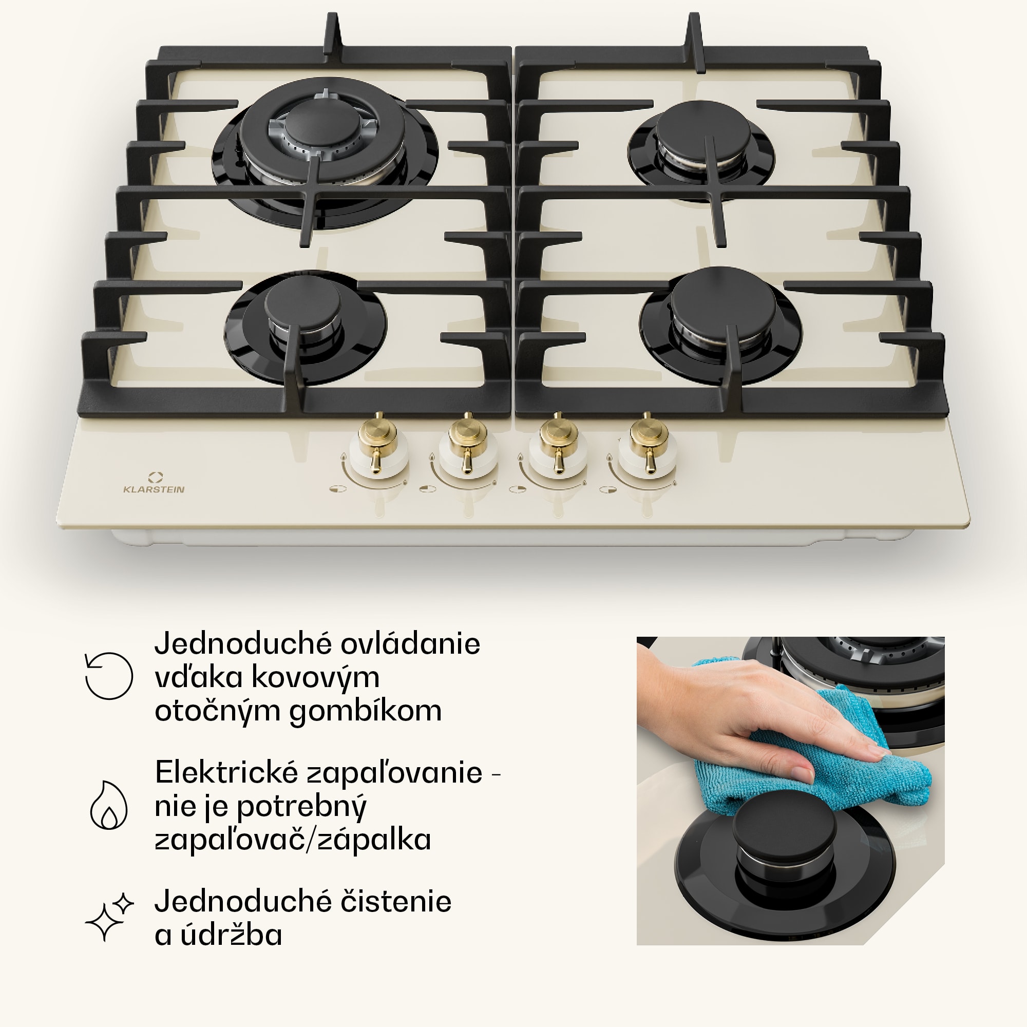 Klarstein Victoria 4, plynová varná doska, 4 horáky, sklokeramika, slonovinová – Obrázok 5
