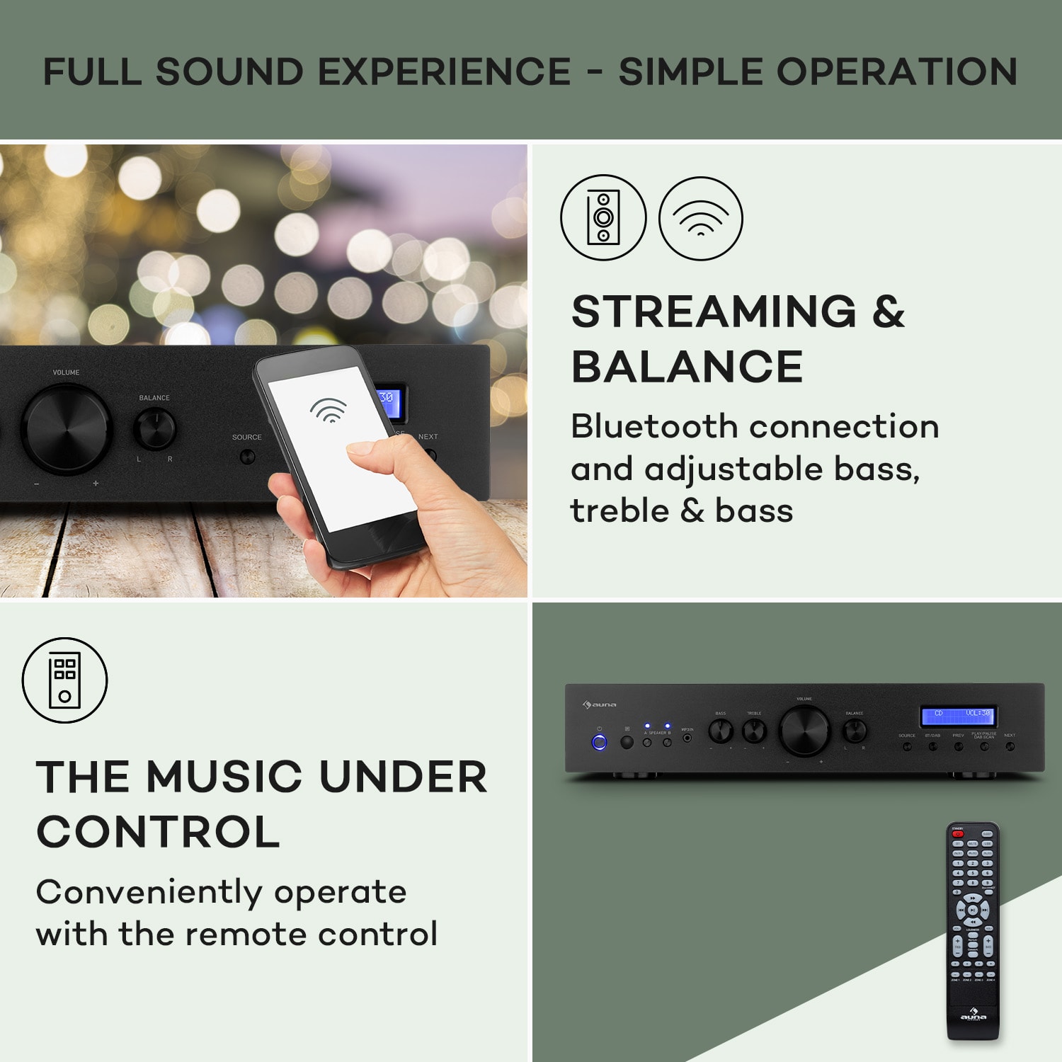 Auna AMP-CD608 DAB, HiFi stereo zosilňovač, 4 x 100 W, RMS, DAB+ BT, optický vstup, diaľkový ovládač – Obrázok 3