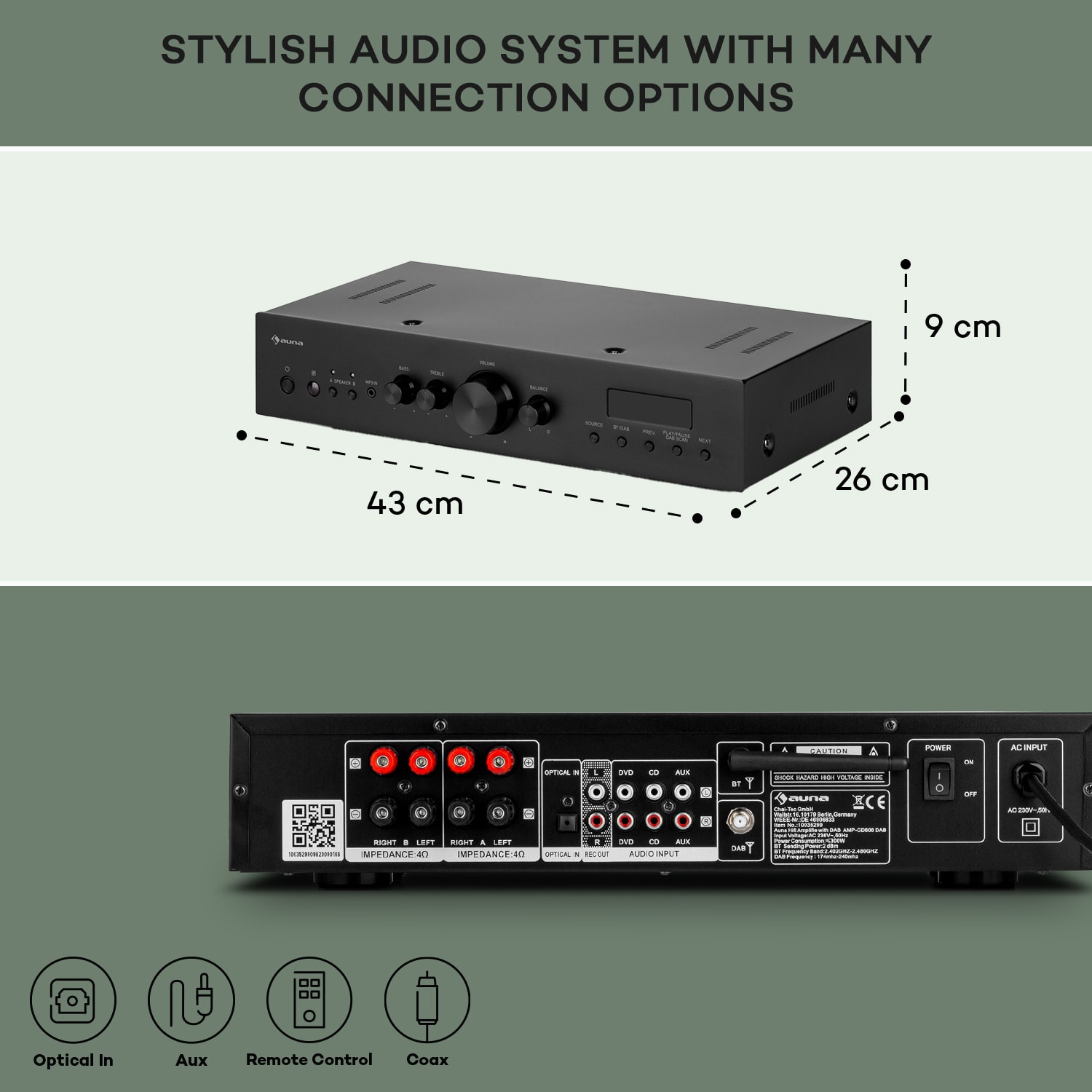 Auna AMP-CD608 DAB, HiFi stereo zosilňovač, 4 x 100 W, RMS, DAB+ BT, optický vstup, diaľkový ovládač – Obrázok 5