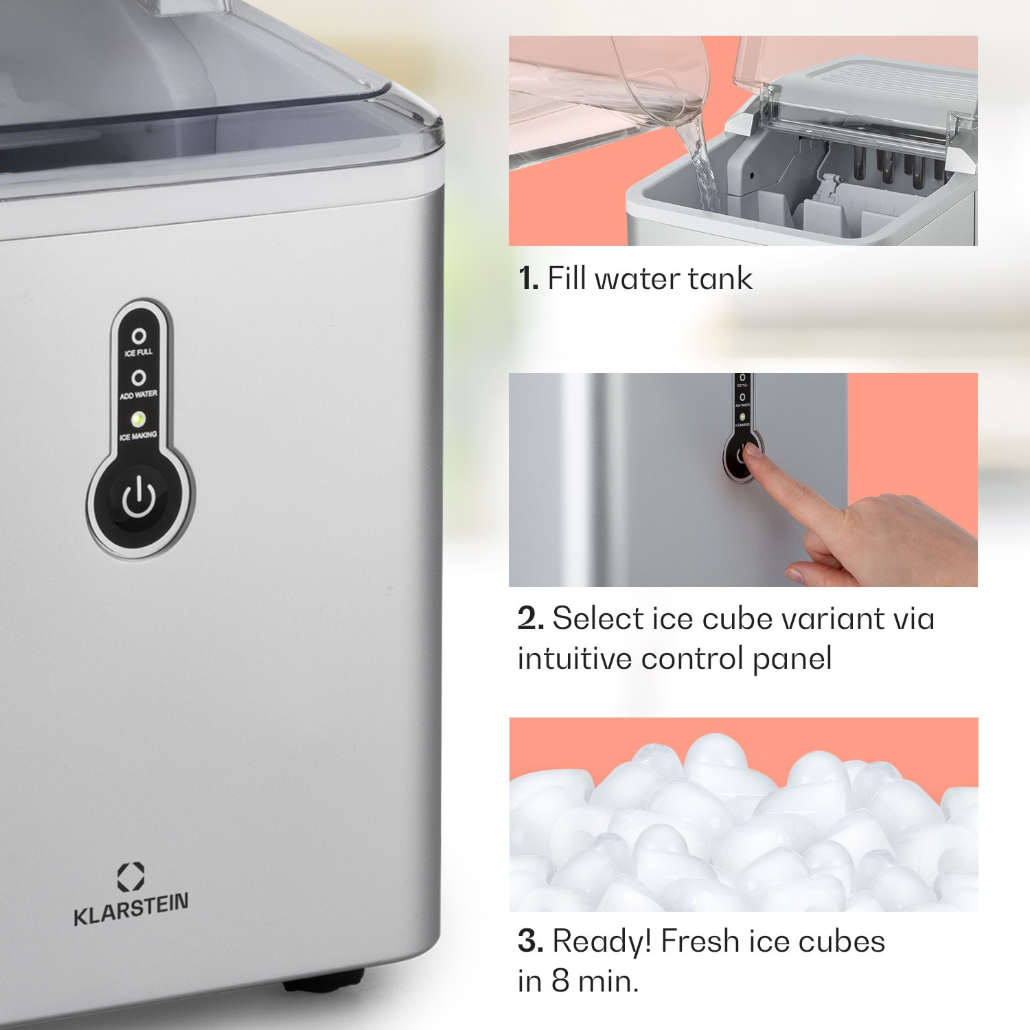 Klarstein Chillout, výrobník ľadu, oblé kúsky ľadu, 12 kg/24 h, nádrž 1,5 l, strieborný – Obrázok 3